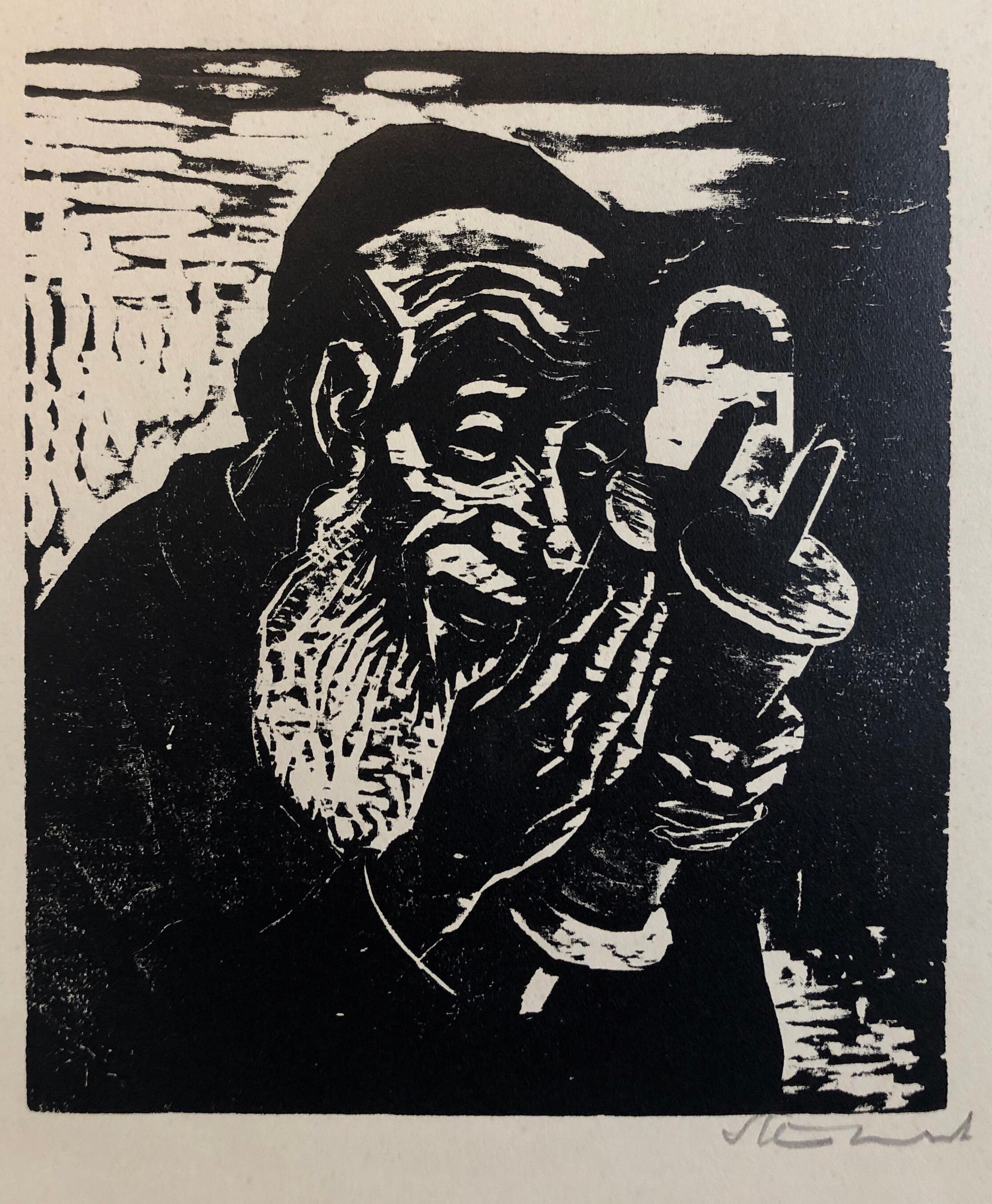 Früher israelischer Bezalel, jüdischer Rabbiner mit deutschem expressionistischem Holzschnitt im Torah-Schliff  – Print von Jacob Steinhardt