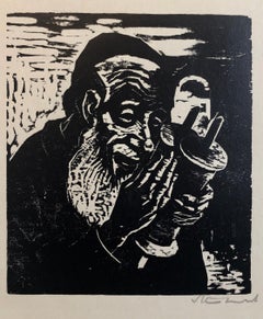 Jewish Rabbi with Torah German Expressionist Woodcut Israeli Early Bezalel