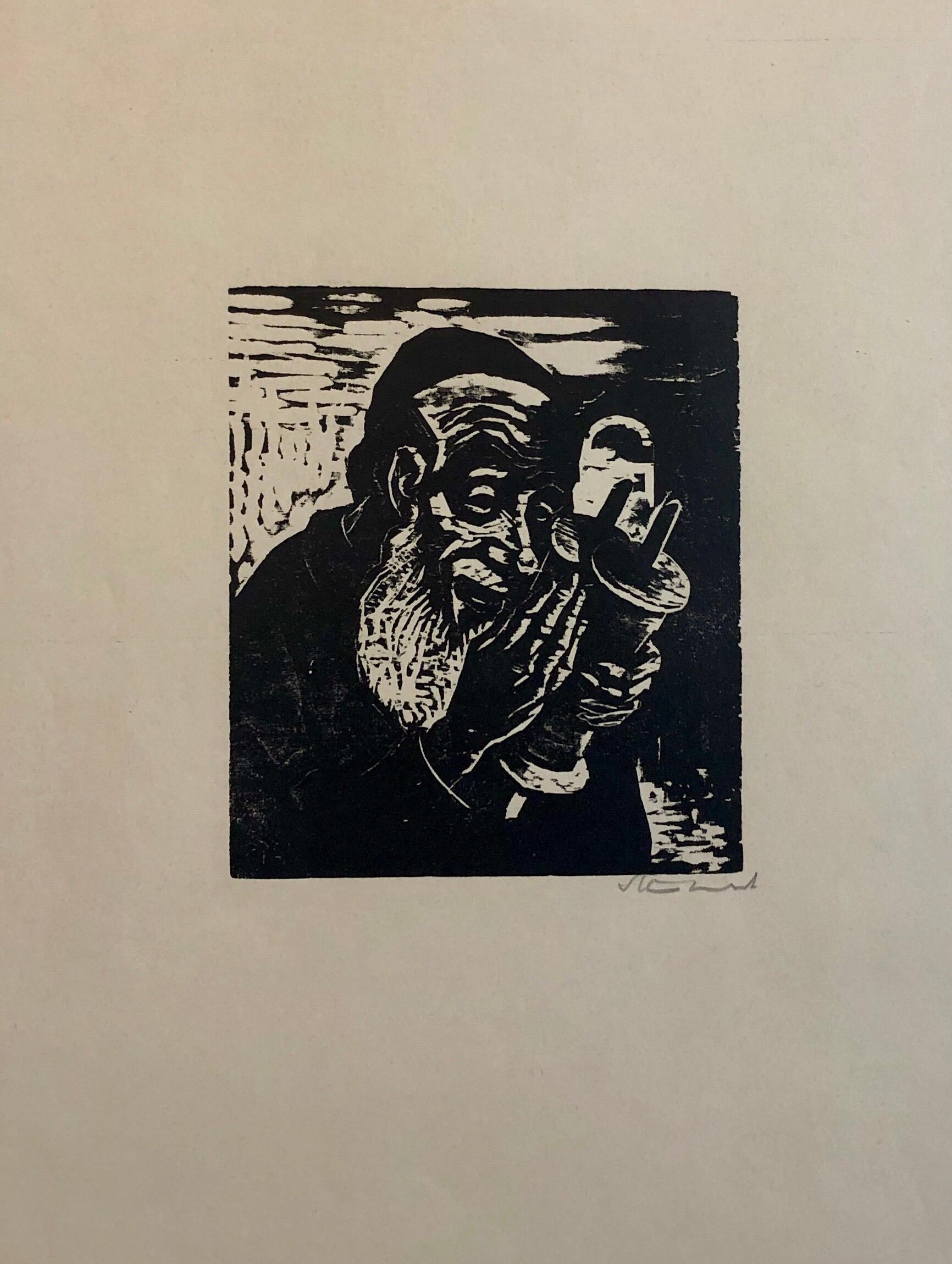 Früher israelischer Bezalel, jüdischer Rabbiner mit deutschem expressionistischem Holzschnitt im Torah-Schliff  (Expressionismus), Print, von Jacob Steinhardt
