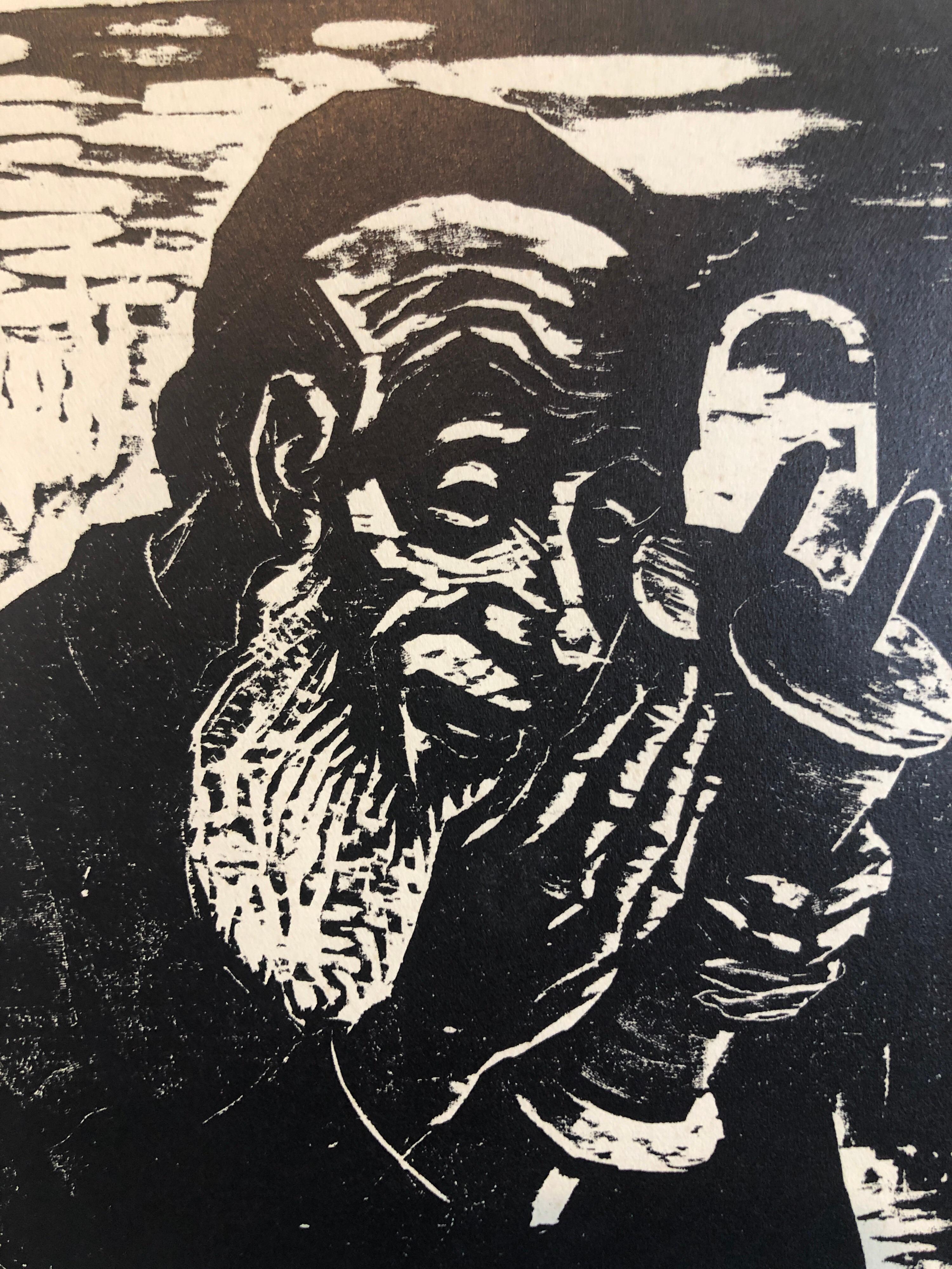 Jewish Rabbi with Torah German Expressionist Woodcut Israeli Early Bezalel  For Sale 2