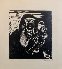 Jewish Rabbi with Torah German Expressionist Woodcut Israeli Early Bezalel 