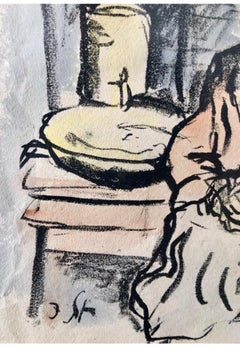 Judaica German Expressionist Watercolor Painting Lithograph Israeli Bezalel Art