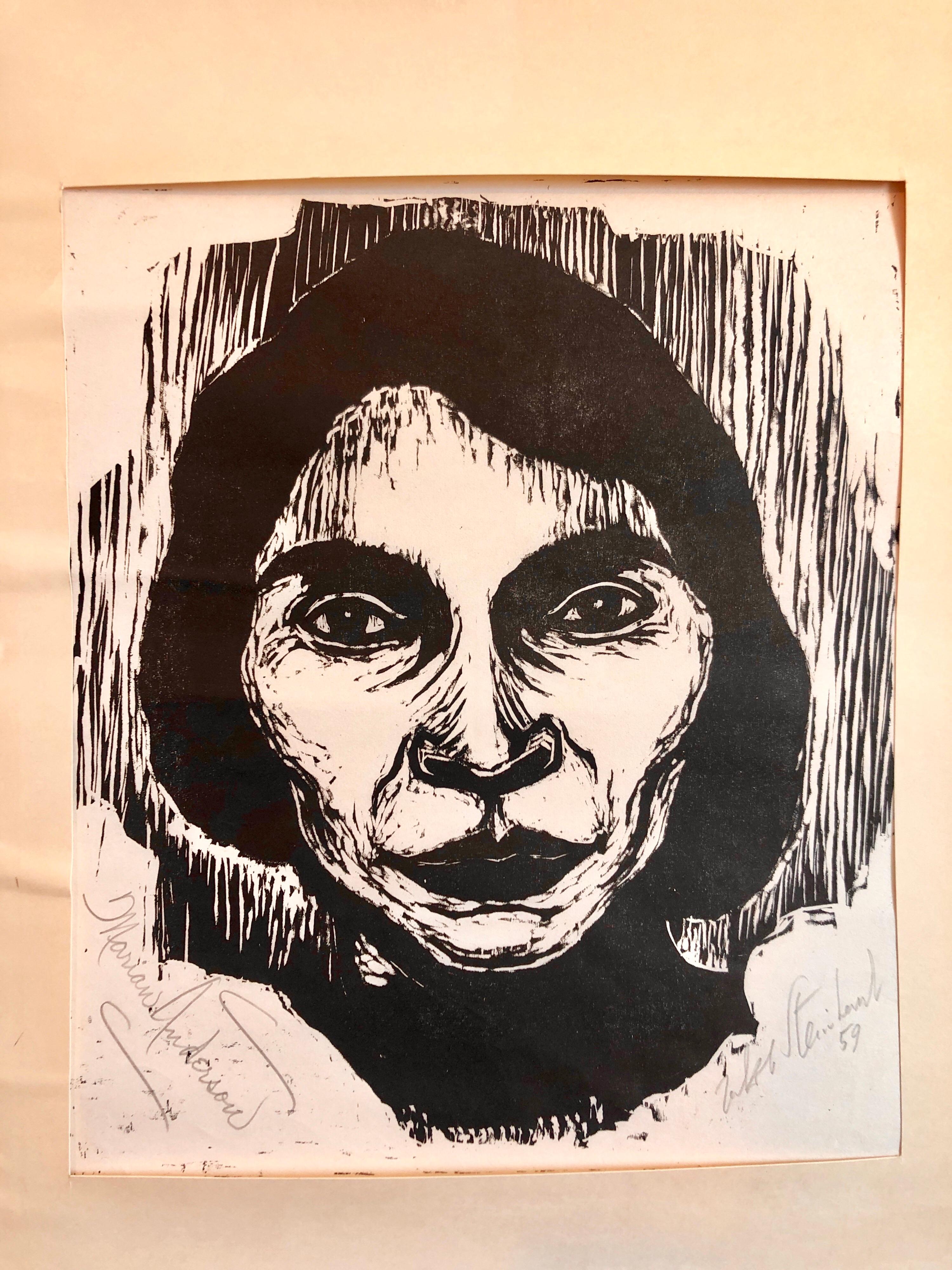 Portrait in black and white, woodblock print. Pencil signed by both Jacob  Steinhardt  1887-1968 and Marian Anderson. Very rare thus. (Commissioned by Dr. Leon Kolb, San Francisco)
35.8 x 23.6 cm (image)
Marian Anderson is remembered as one of the