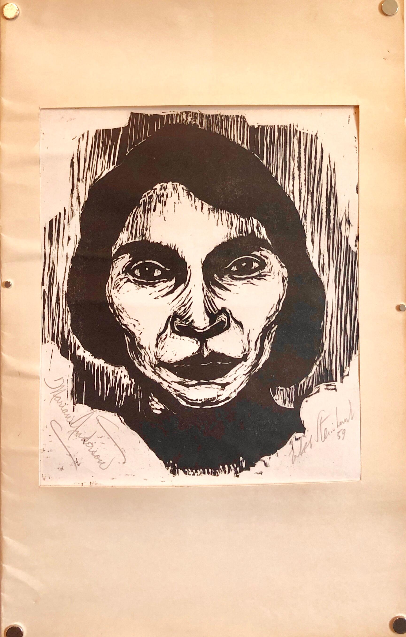 Porträt in Schwarz-Weiß, Farbholzschnitt. Bleistift signiert von beiden Jacob  Steinhardt  1887-1968 und Marian Anderson. Daher sehr selten. (In Auftrag gegeben von Dr. Leon Kolb, San Francisco)
35.8 x 23,6 cm (Bild)
Marian Anderson gilt als eine