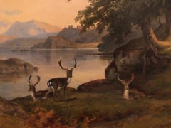 19. Jahrhundert Landschaft Ölgemälde - Hirsch am Ufer eines Sees