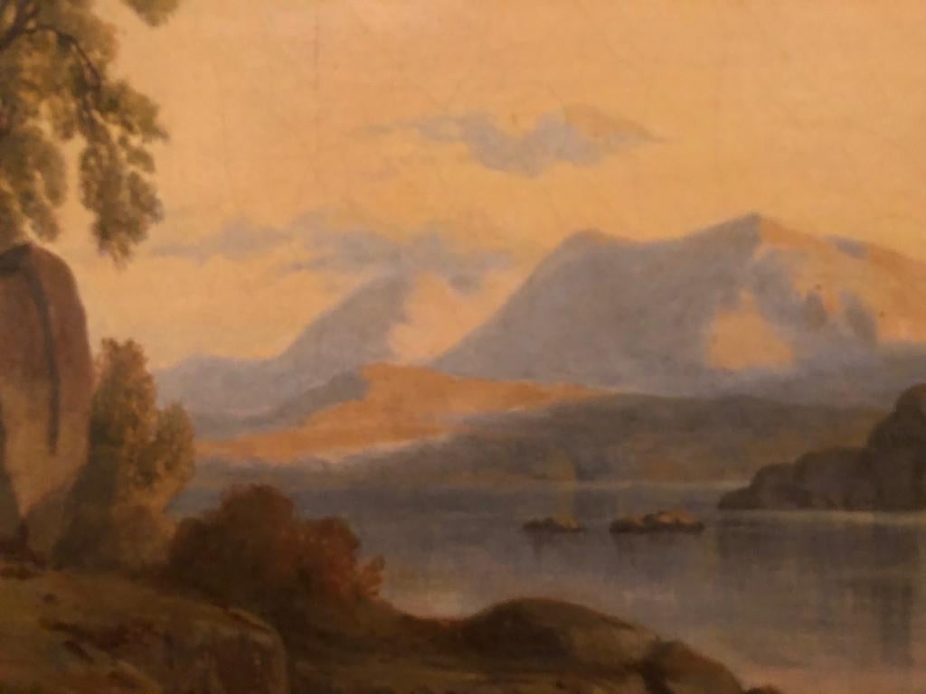 19. Jahrhundert Landschaft Ölgemälde - Hirsch am Ufer eines Sees (Braun), Figurative Painting, von Jacob Thompson