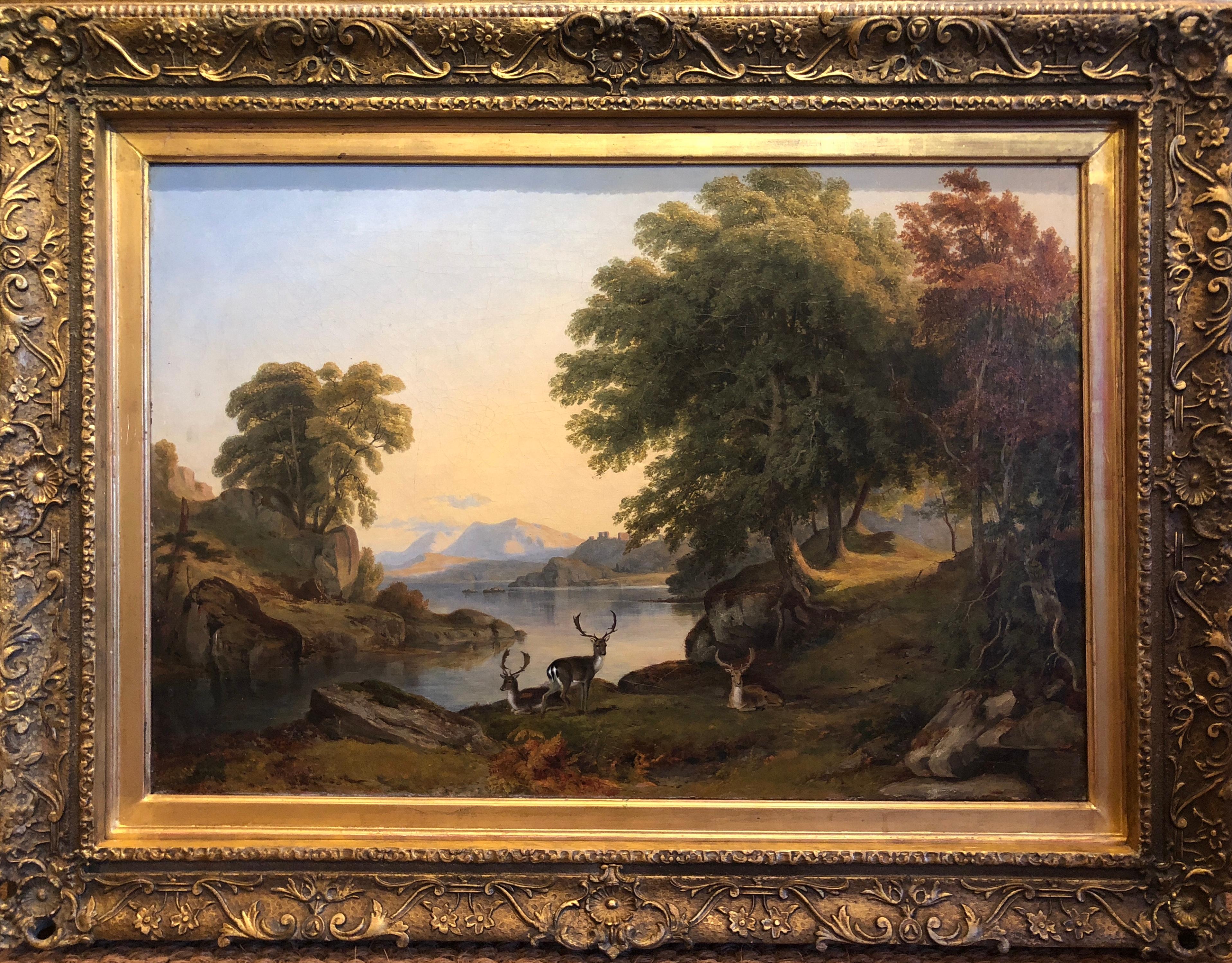 19th Century Landscape Oil Painting - Deer by the Banks of a Lake