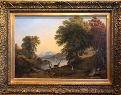 Pintura al óleo de paisaje del siglo XIX - Ciervos a orillas de un lago