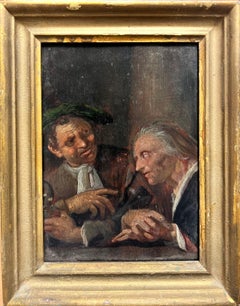 17th Century Dutch Old Master Oil Painting Wood Panel Figures in Tavern Interior