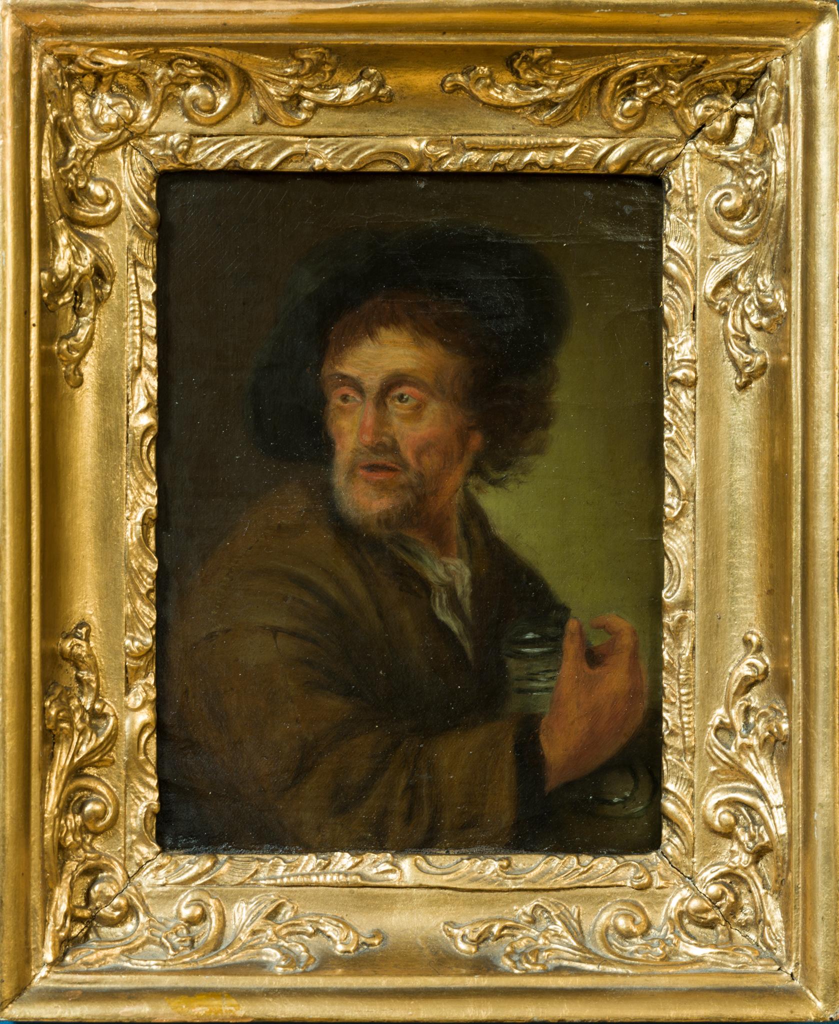 Man Holding a Jug (The Sense of Taste) - Brown Figurative Painting by Jacob Toorenvliet