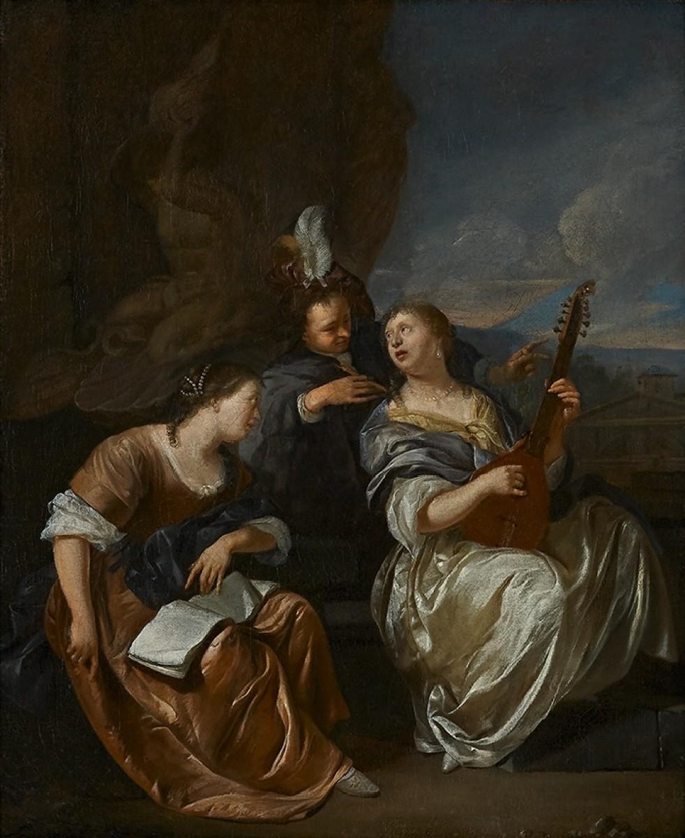 Three elegant Musicians seated at the Fontana del Tritone An Allegory on Harmony - Painting by Jacob Toorenvliet