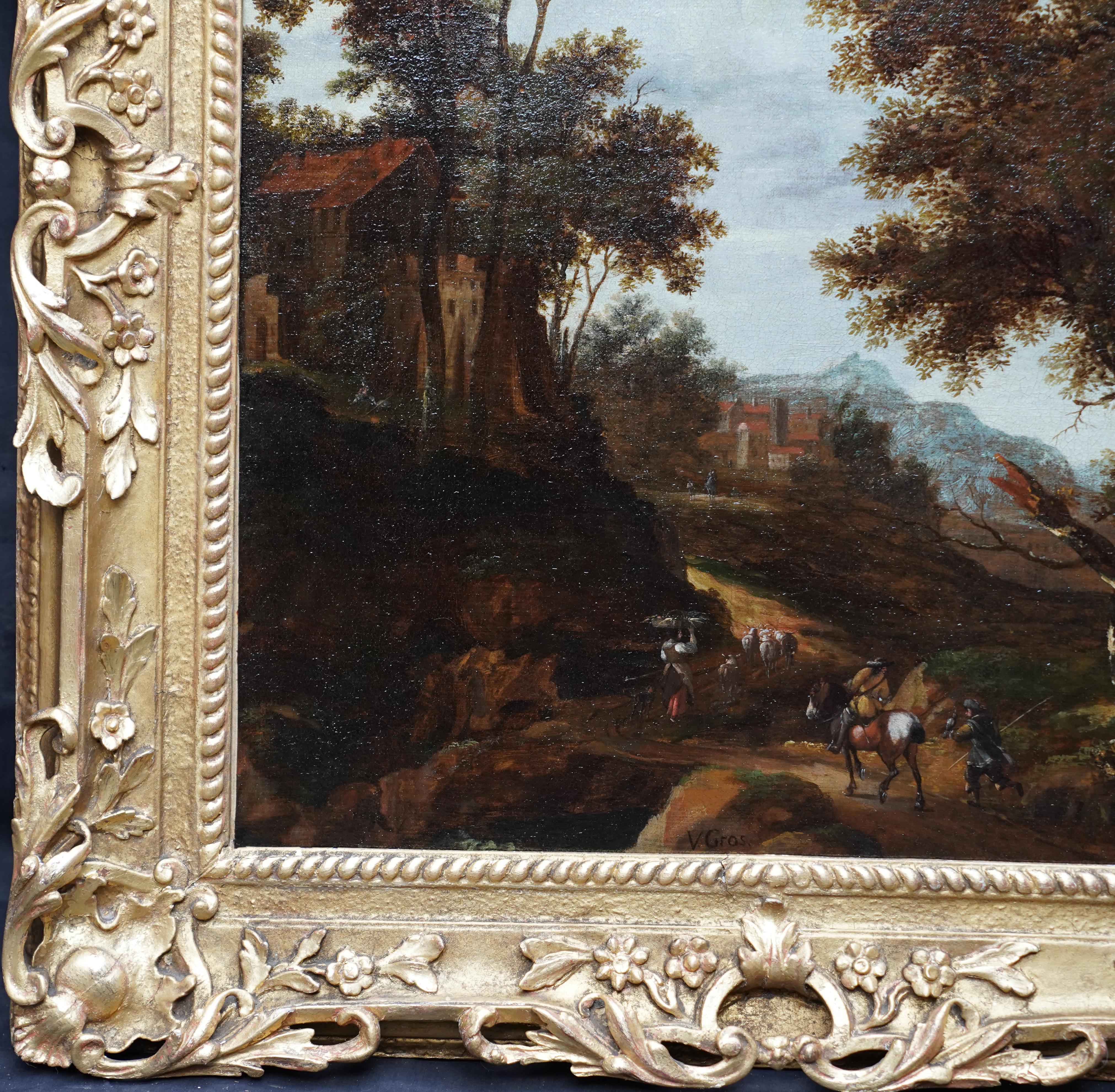 Italian Landscape with Travellers - Dutch Golden Age 17thC art oil painting For Sale 6