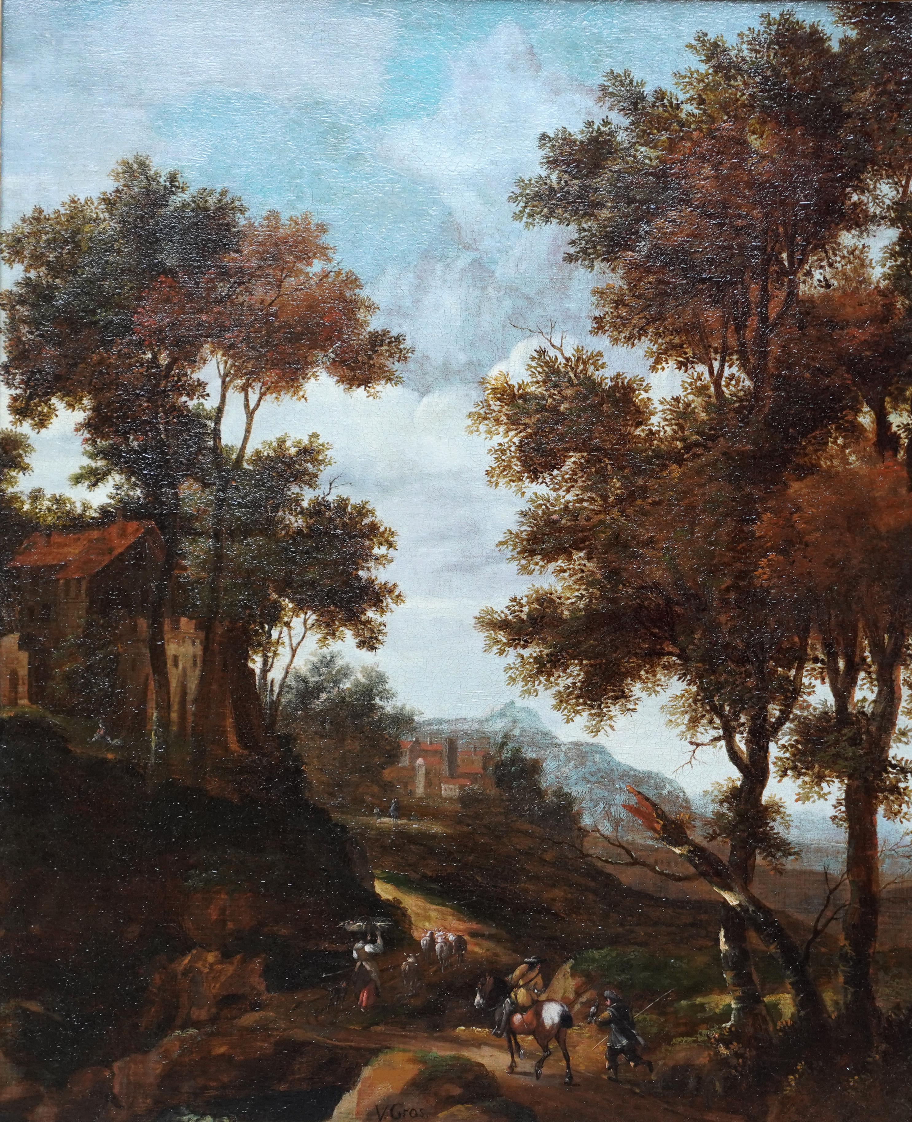 Italian Landscape with Travellers - Dutch Golden Age 17thC art oil painting For Sale 7