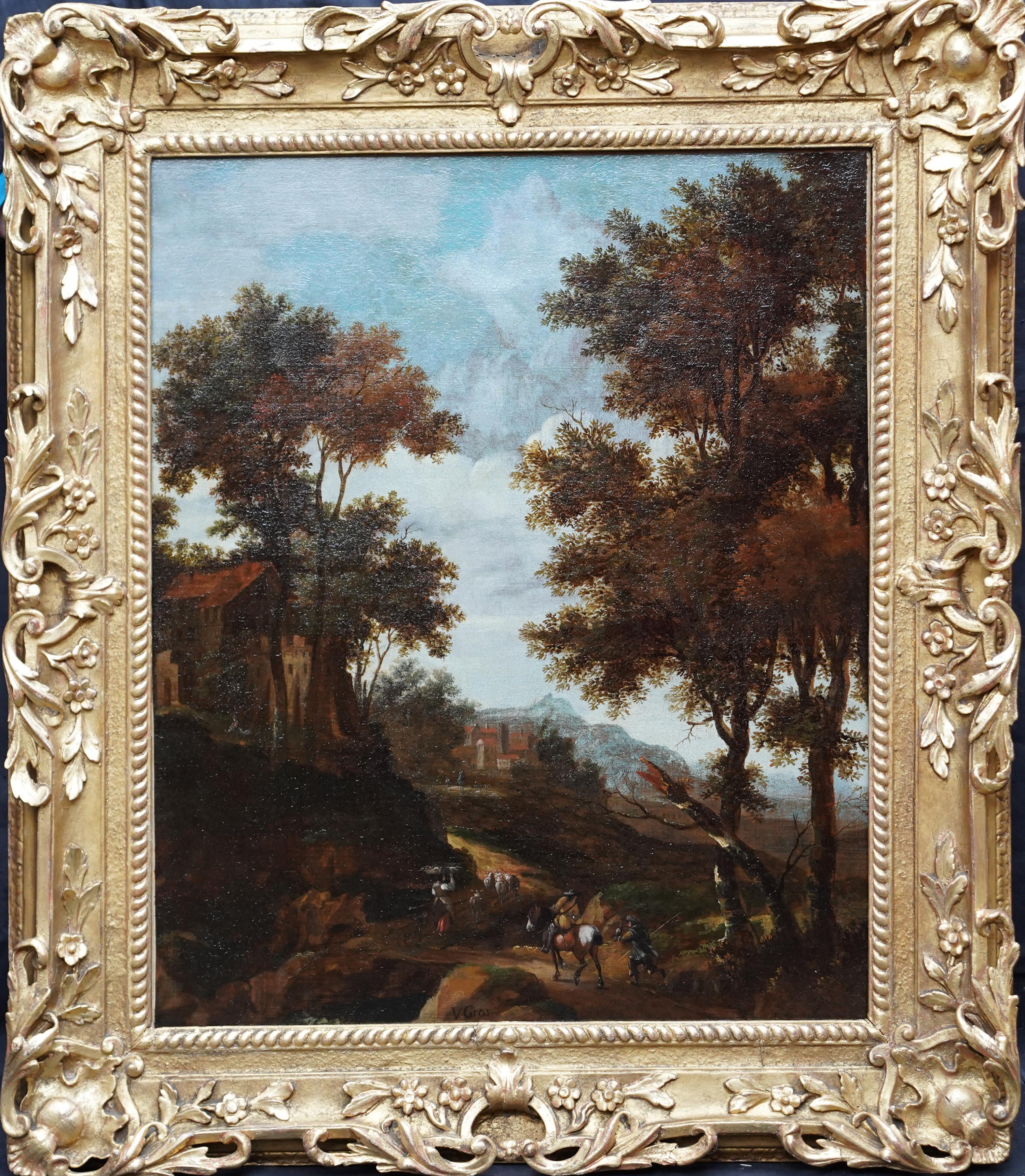 Italian Landscape with Travellers - Dutch Golden Age 17thC art oil painting For Sale 8