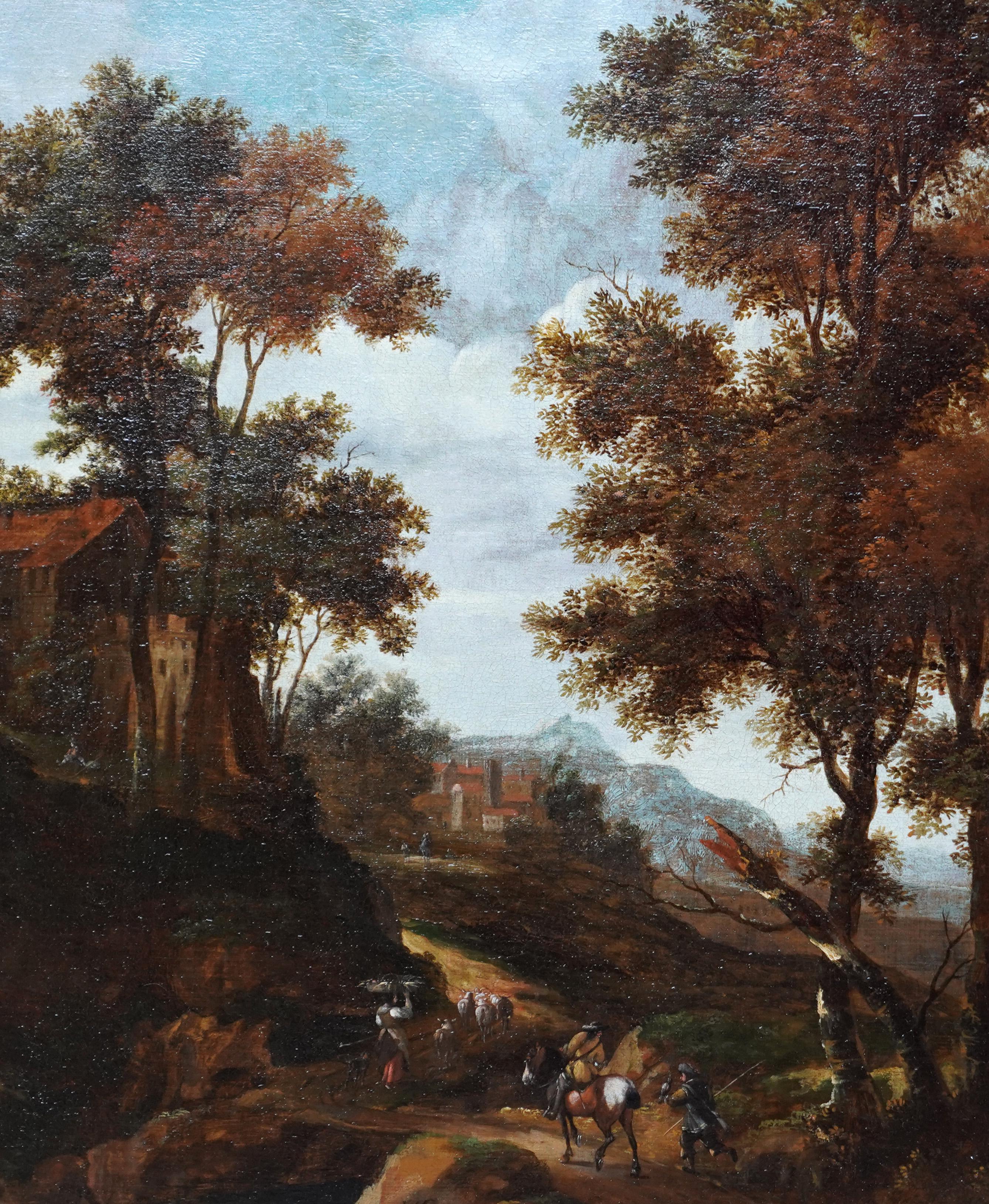 Italian Landscape with Travellers - Dutch Golden Age 17thC art oil painting - Old Masters Painting by Jacob van der Croos