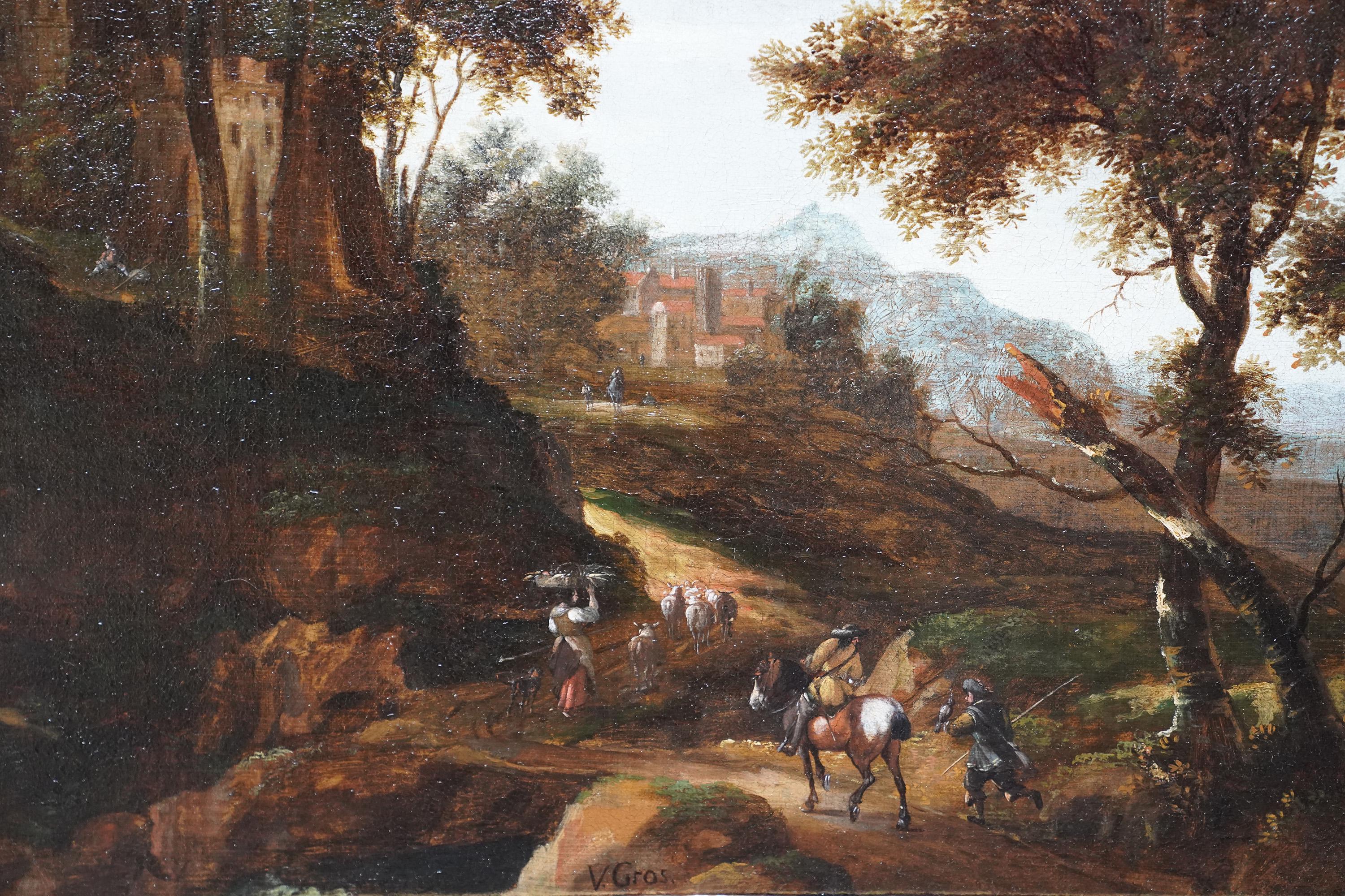 This superb Dutch Golden Age Old Master landscape oil painting is attributed to Jacob van der Croos. Painted circa 1670 it is an Italianate landscape with figures and their animals in the foreground travelling a road through imposing trees to a