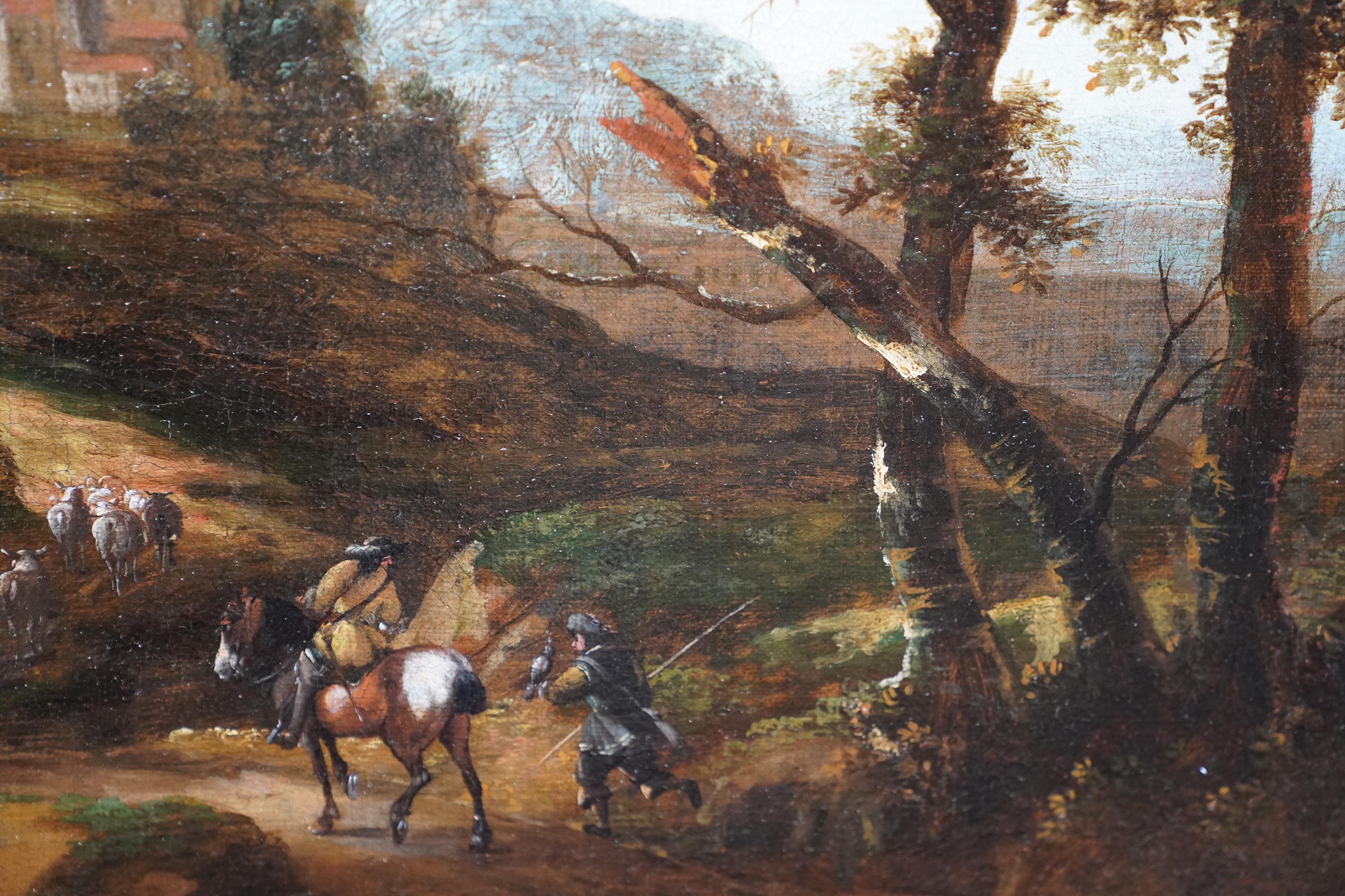 Italian Landscape with Travellers - Dutch Golden Age 17thC art oil painting For Sale 3