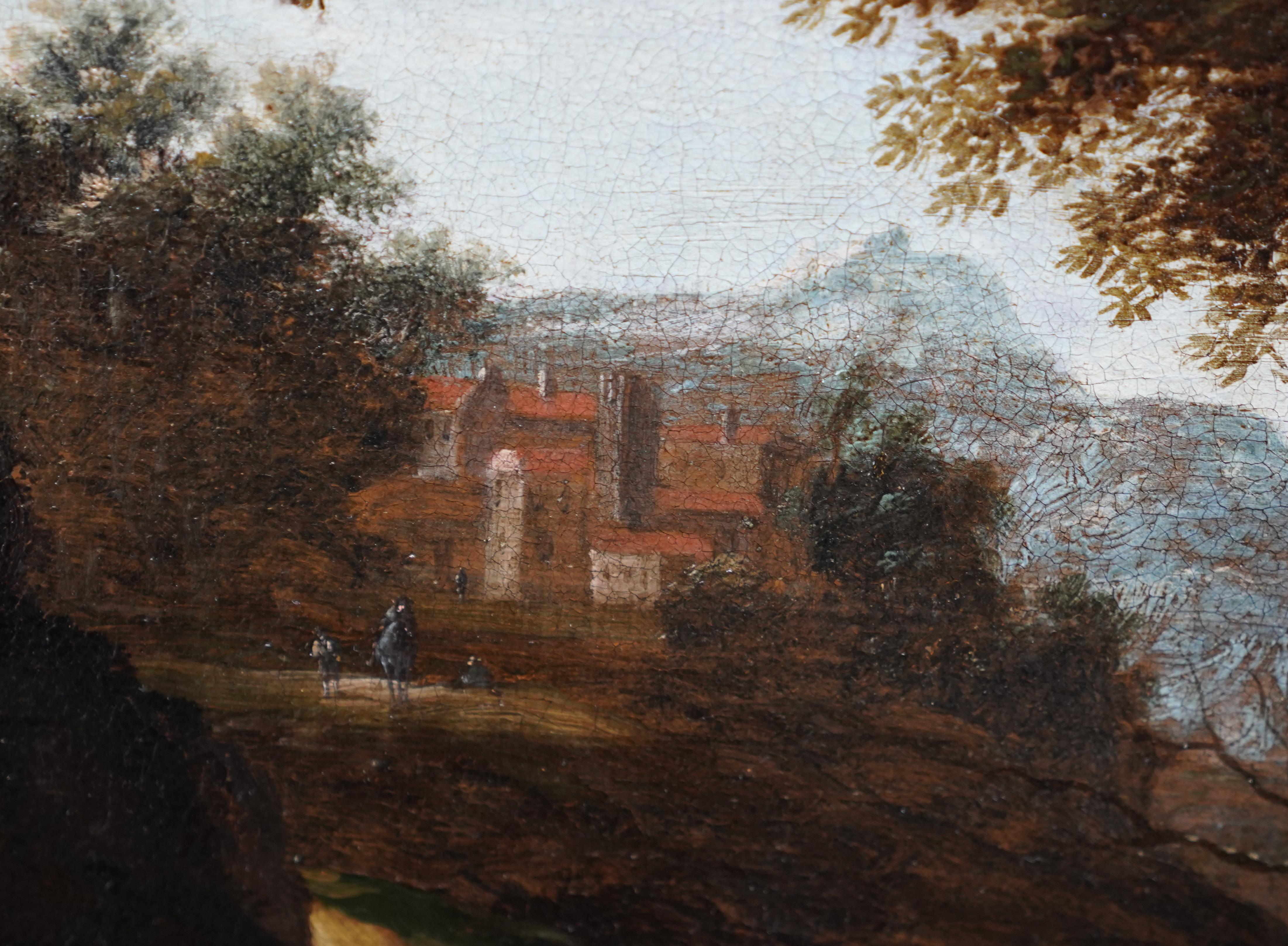 Italian Landscape with Travellers - Dutch Golden Age 17thC art oil painting For Sale 4
