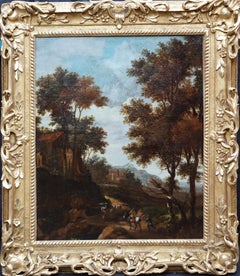 Paysage italien avec voyageurs - peinture à l'huile hollandaise du XVIIe siècle