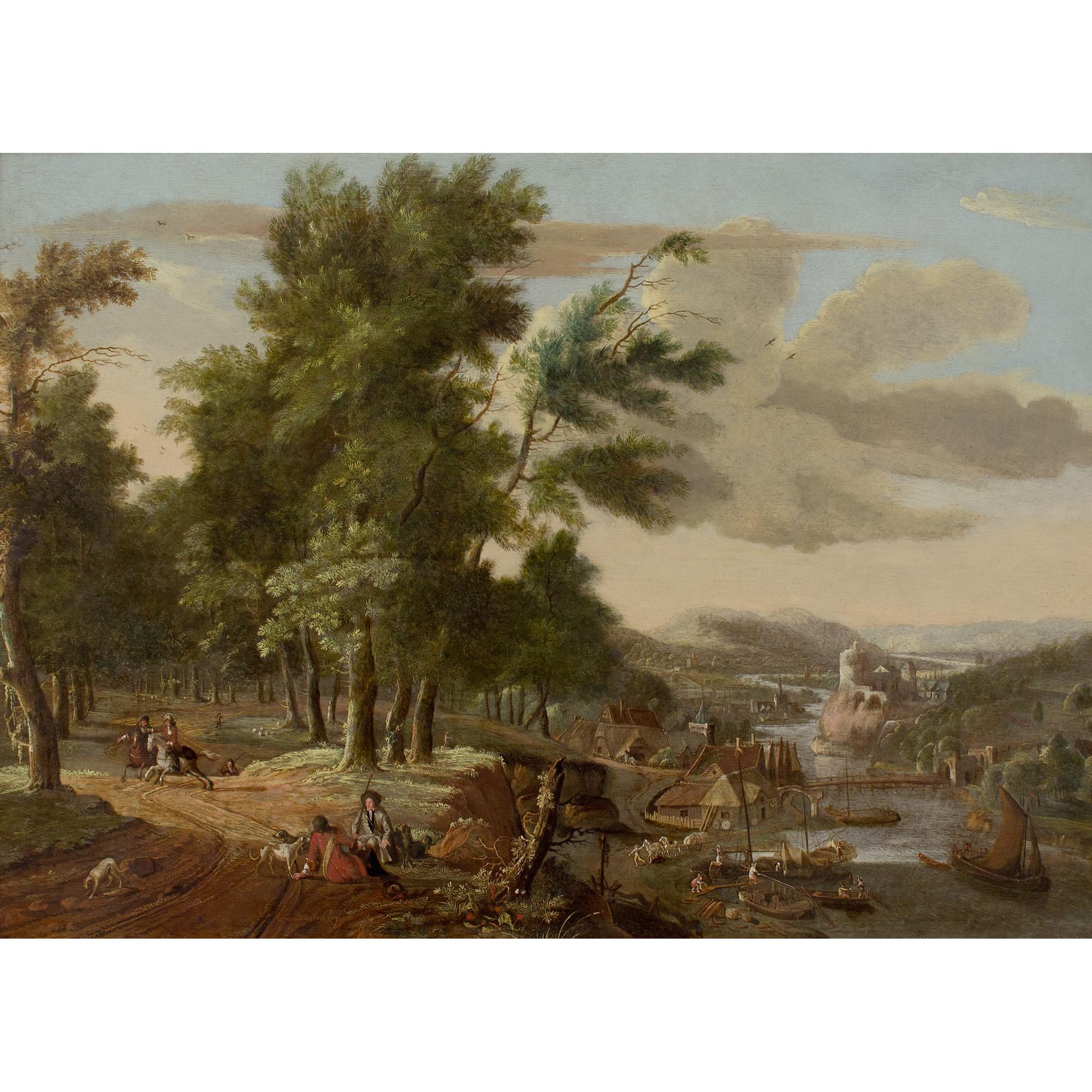 Jacob Van Der Does II, Holz- Flusslandschaft mit Jagd Party und Dorf im Angebot 1