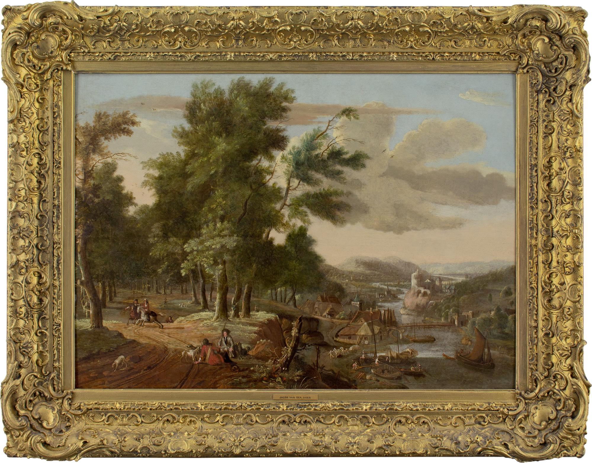 Jacob A. der Van II, Paesaggio fluviale in legno con gruppo di cacciatori e villaggio