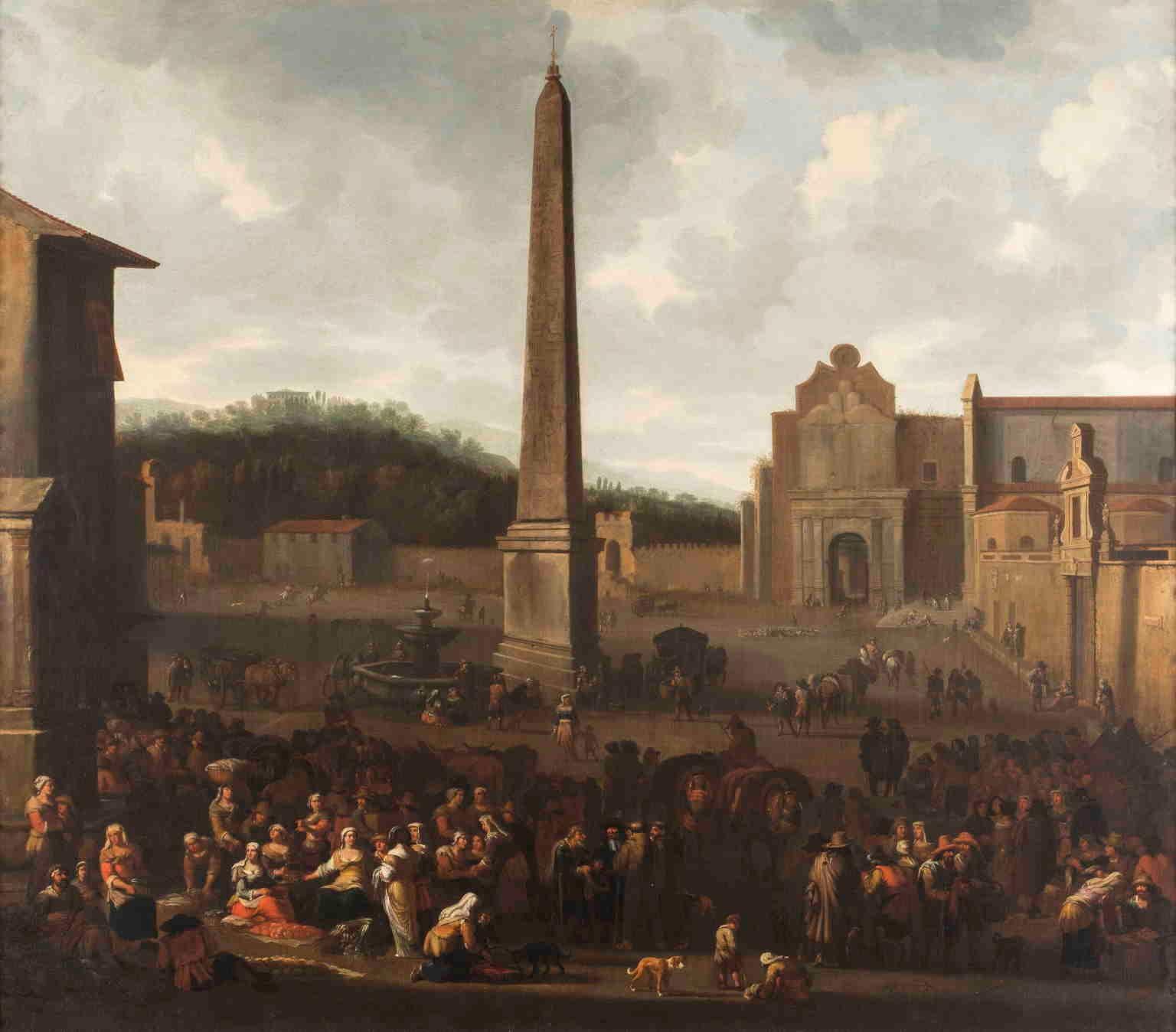 Dipinto fiammingo figurativo paesaggio bamboccianti del XVII secolo - Other Art Style Painting by Jacob Van Huchtenberg