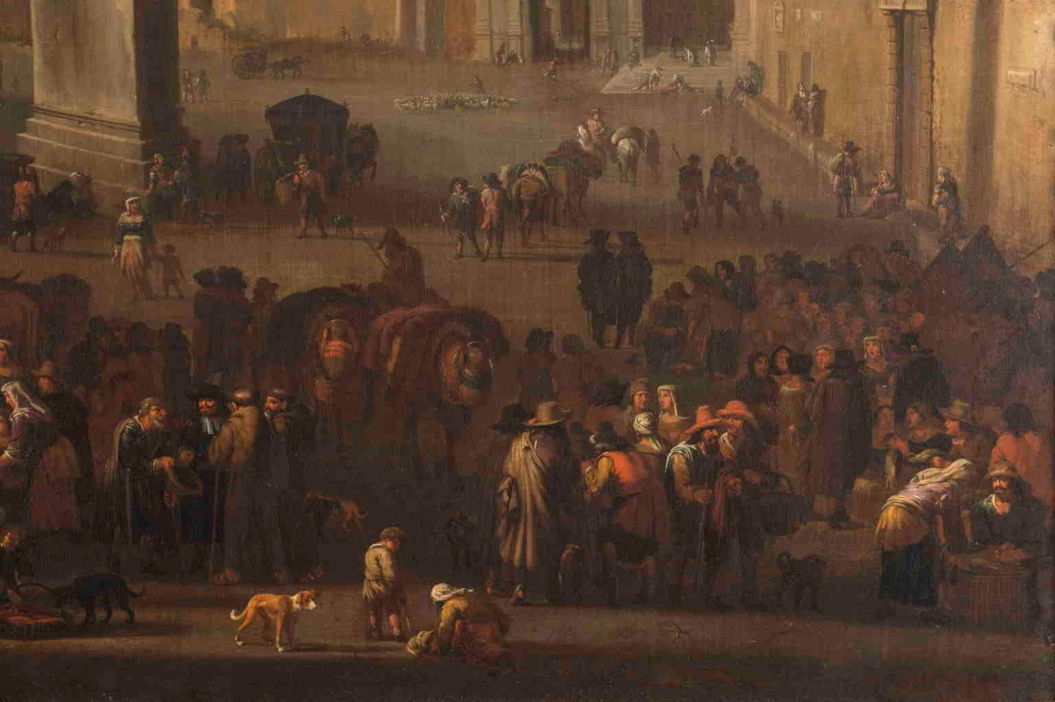 Dipinto fiammingo figurativo paesaggio bamboccianti del XVII secolo For Sale 1