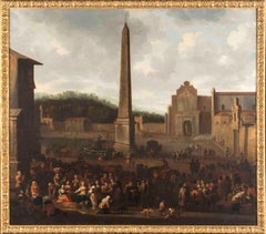 Dipinto fiammingo figurativo paesaggio bamboccianti del XVII secolo