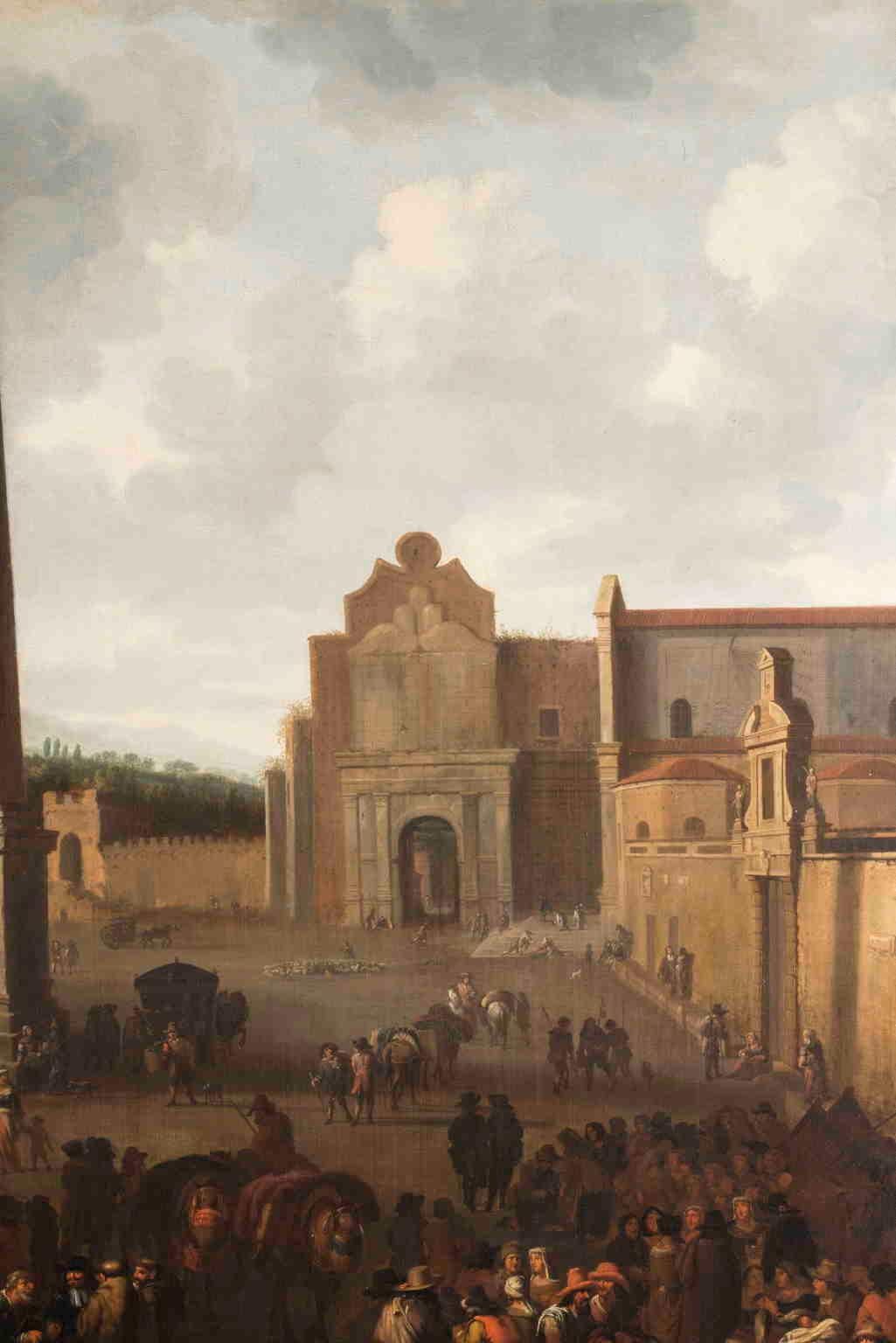 The Market in Piazza del Popolo is a work by the Flemish painter Jacob van Huchtenburg, born in Haarlem and present, in the early 1660s, in Rome, in close contact with his compatriot artists who had chosen the everyday setting genre, mostly, in the