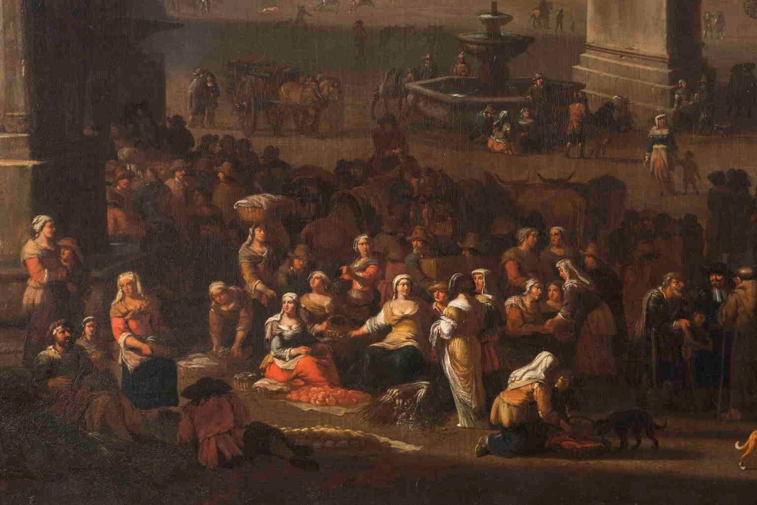Jacob Van Huchtenberg Figurative Painting - Dutch Bamboccianti Jacob van Huchtenburg Rome Market  1674 Oil canvas