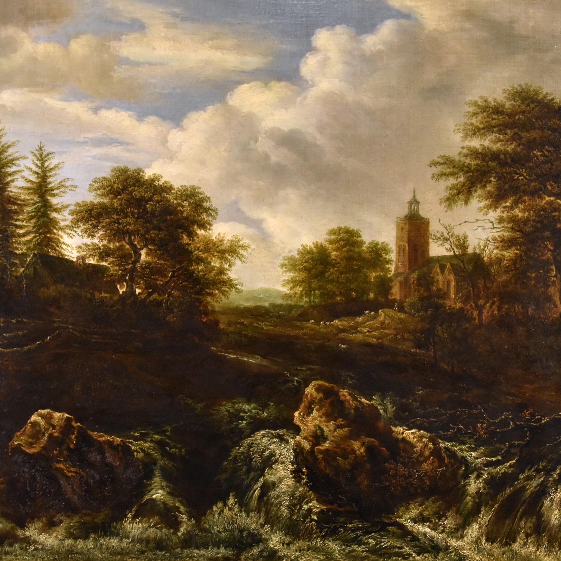 Paesaggio Wood Cascata Van Ruisdael Dipinto olio su tela 17° secolo fiammingo - Painting Antichi maestri di Jacob Van Ruisdael (Haarlem 1628-Amsterdam 1682)