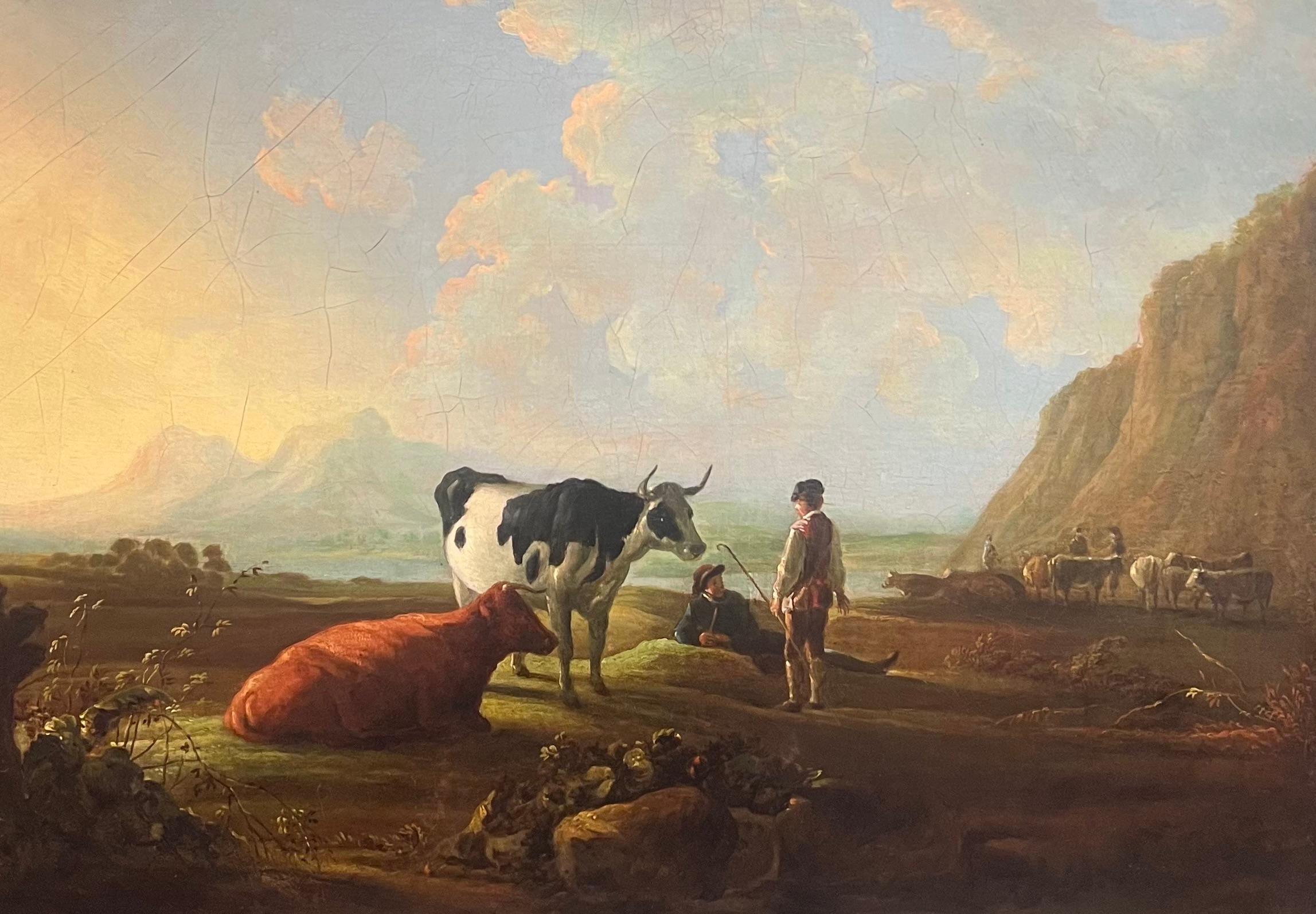 Scena pastorale romantica olandese molto grande del 18° secolo con figure e bestiame - Painting di JACOB VAN STRIJ ( DUTCH 1756-1815)
