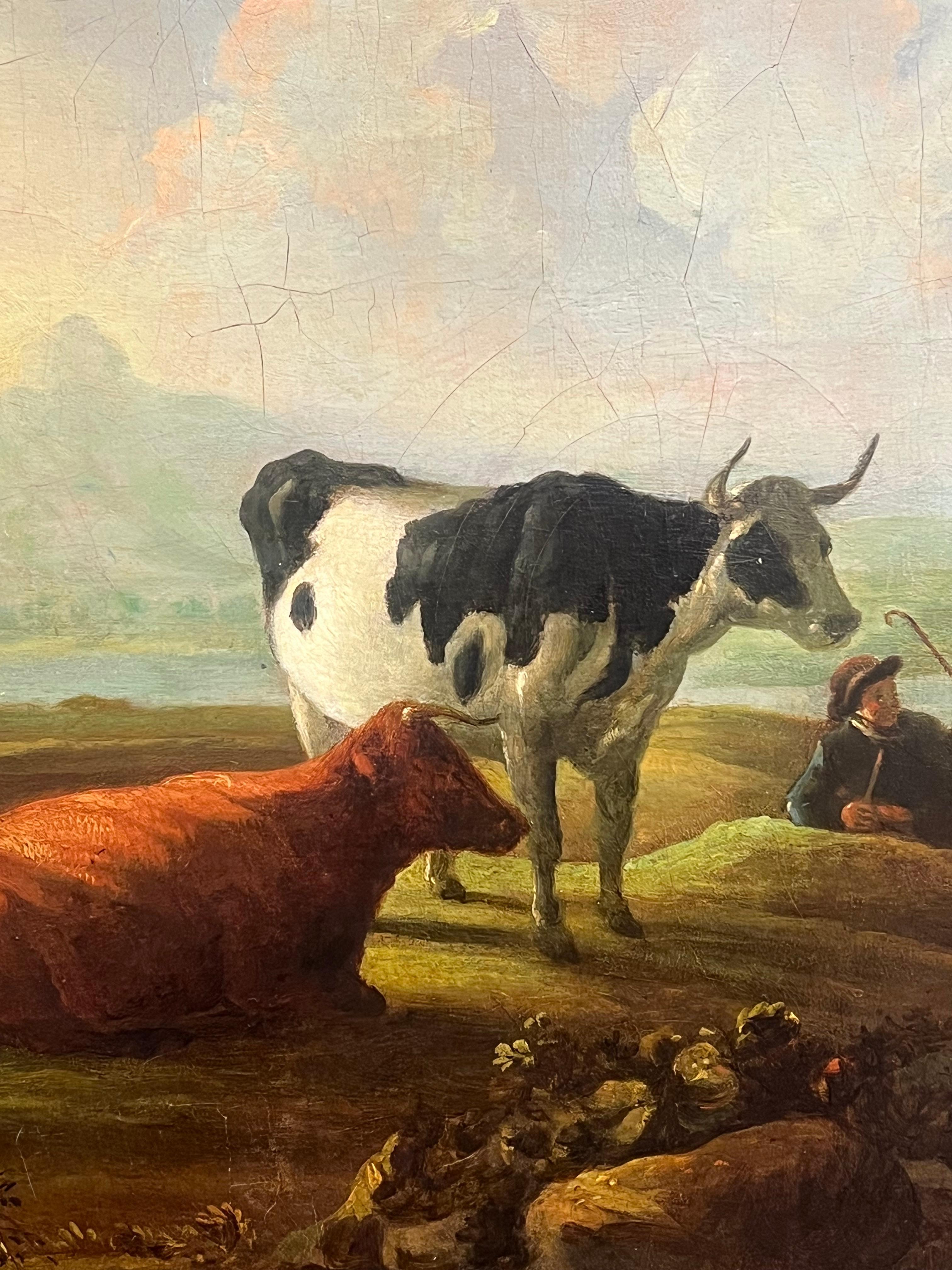 Artista: attribuito a Jacob van Strij (olandese, 1756-1815)
Titolo: Paesaggio pastorale con bovini e figure
Medium: Olio su tela
Dimensioni: tela: 24 x 34 pollici
Cornice: Cornice dorata e ornata, in buone condizioni: 28 x 38 pollici.
Provenienza:
