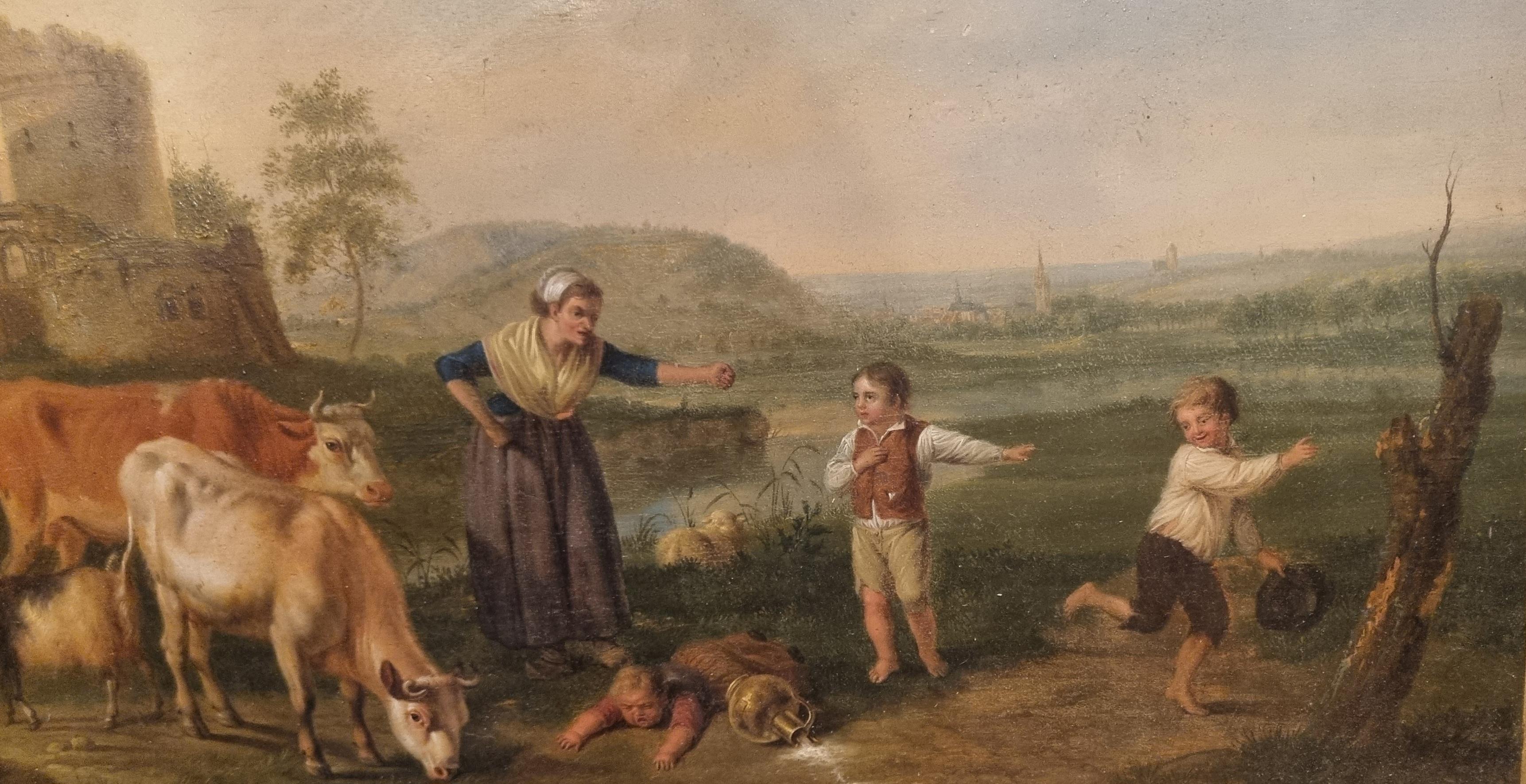 Belgisches Gemälde VAN STRIJ, 19. Jahrhundert, Öl auf Holz, Lanscape, Rinder, Kinderrestaurierung im Angebot 1