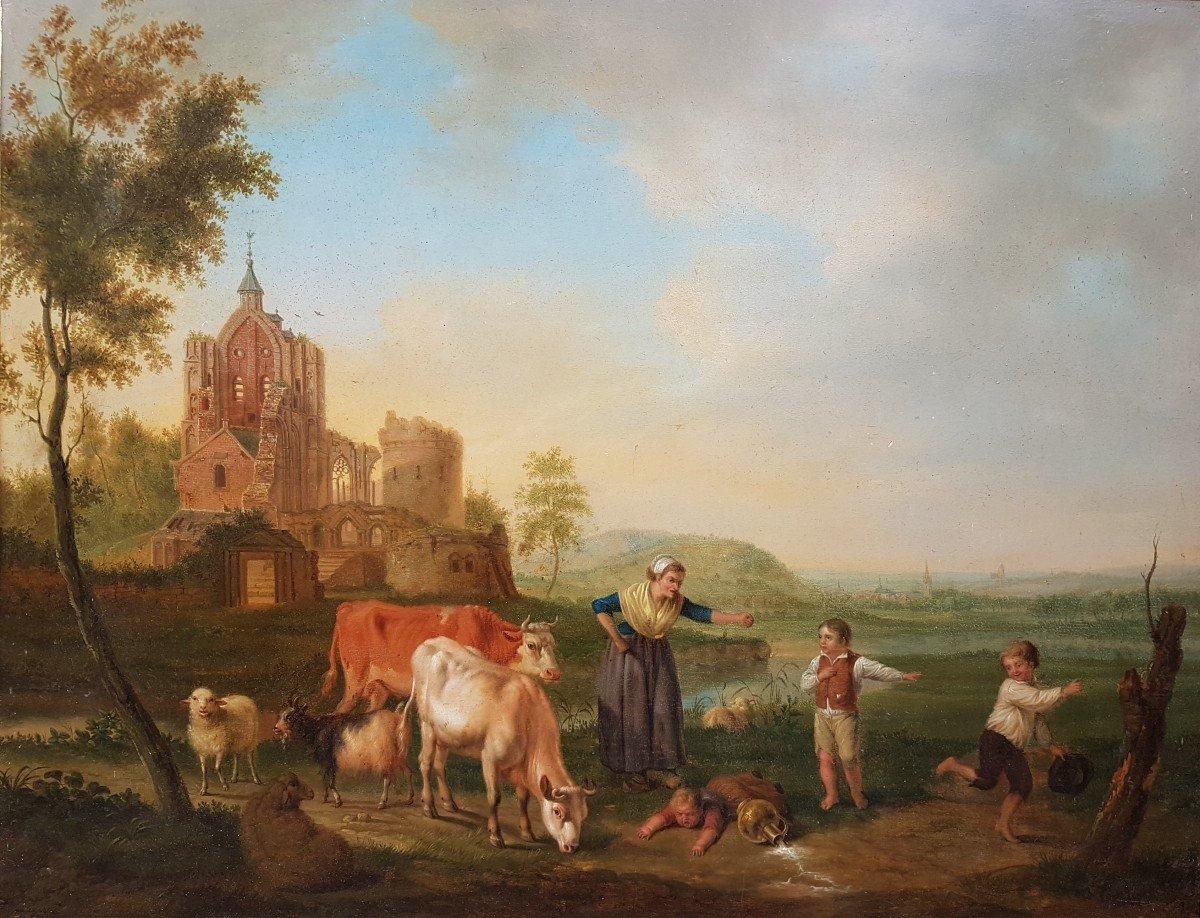 Belgian painting 19th VAN STRIJ oil on wood Lanscape cattle children ruin - Painting by Jacob van Strij