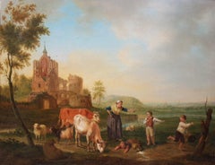 Belgian painting 19th VAN STRIJ oil on wood Lanscape cattle children ruin