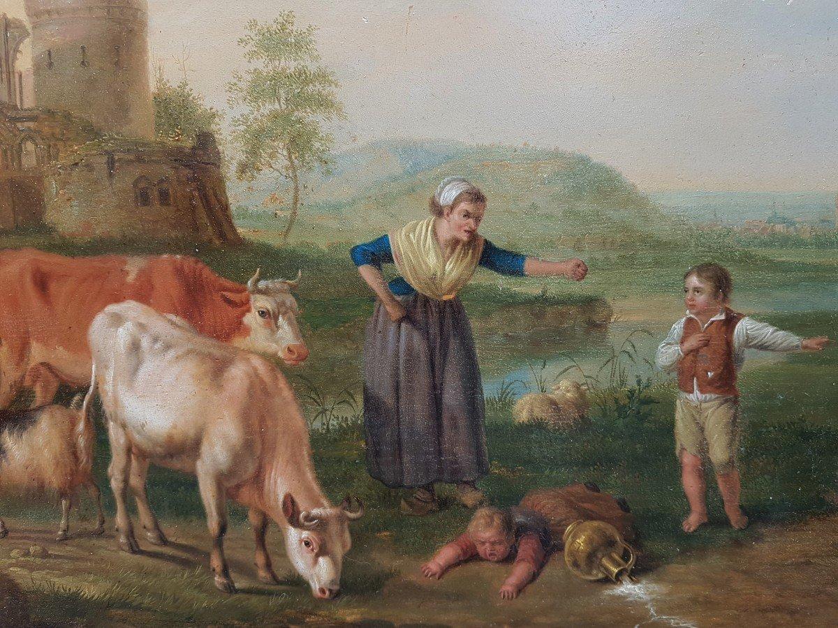 Belgian painting 19th VAN STRIJ oil on wood Lanscape cattle children ruin - Dutch School Painting by Jacob van Strij