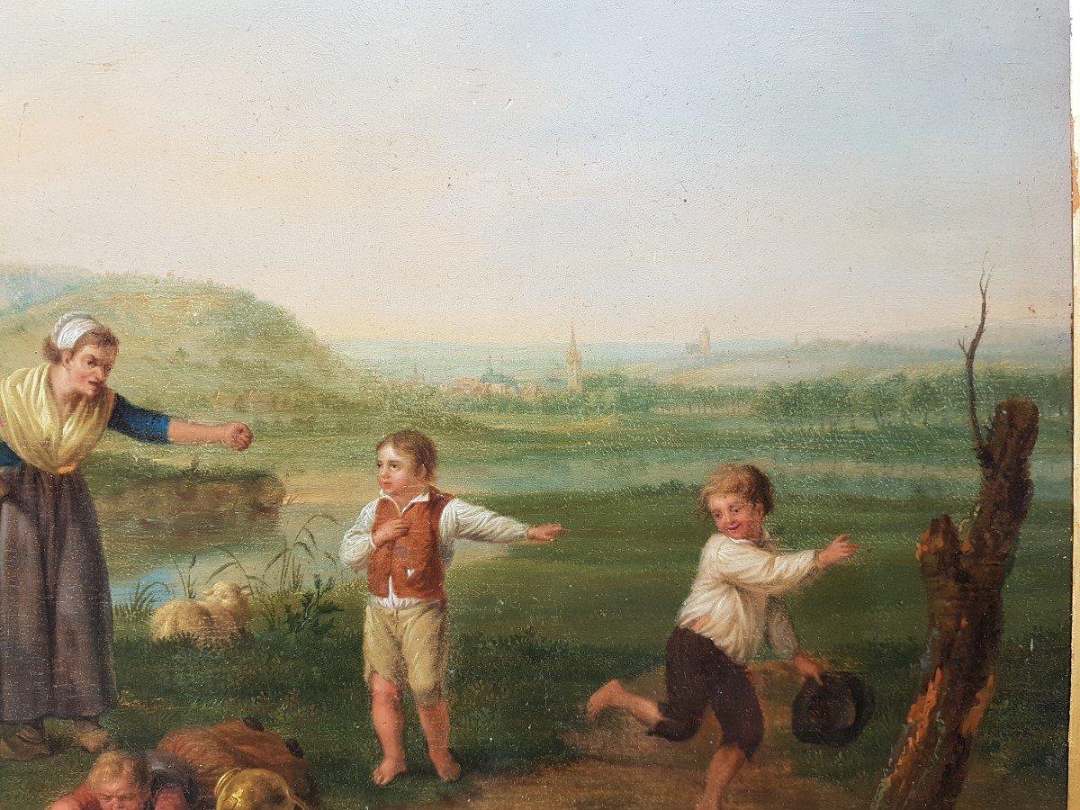 Belgian painting 19th VAN STRIJ oil on wood Lanscape cattle children ruin - Brown Landscape Painting by Jacob van Strij