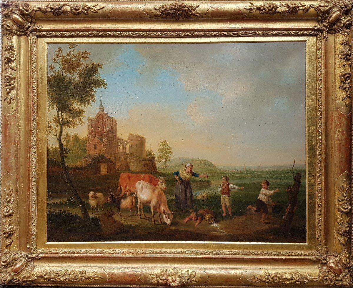 Jacob van Strij Landscape Painting - Belgian painting 19th VAN STRIJ oil on wood Lanscape cattle children ruin