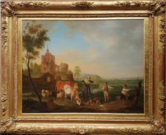 Belgian painting 19th VAN STRIJ oil on wood Lanscape cattle children ruin