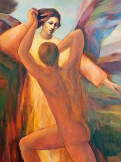 "Giacobbe che lotta con l'angelo", grande dipinto di metà secolo in ruggine e blu