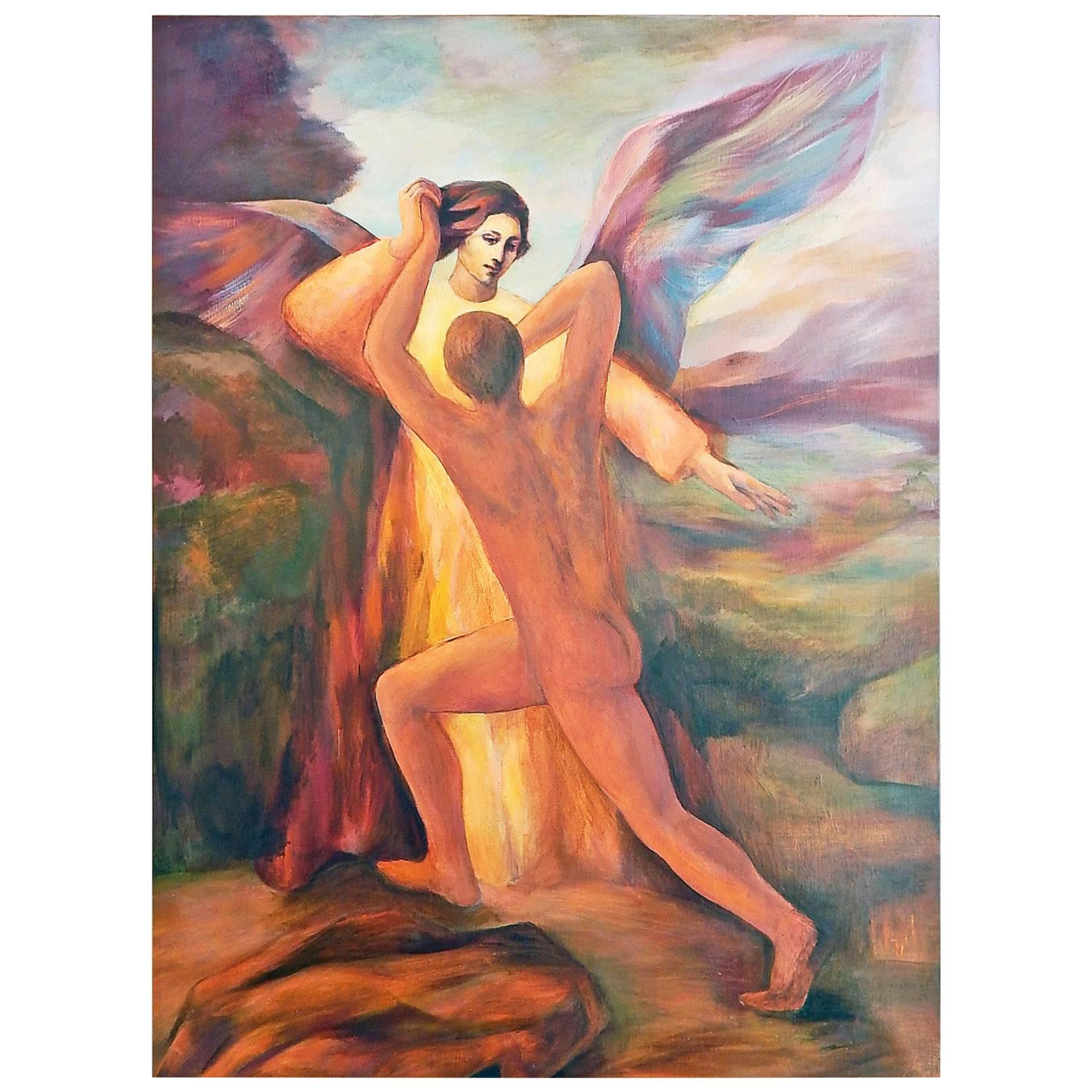 "Jacob Wrestling with the Angel, " Large Midcentury Painting in Rust and Blue For Sale