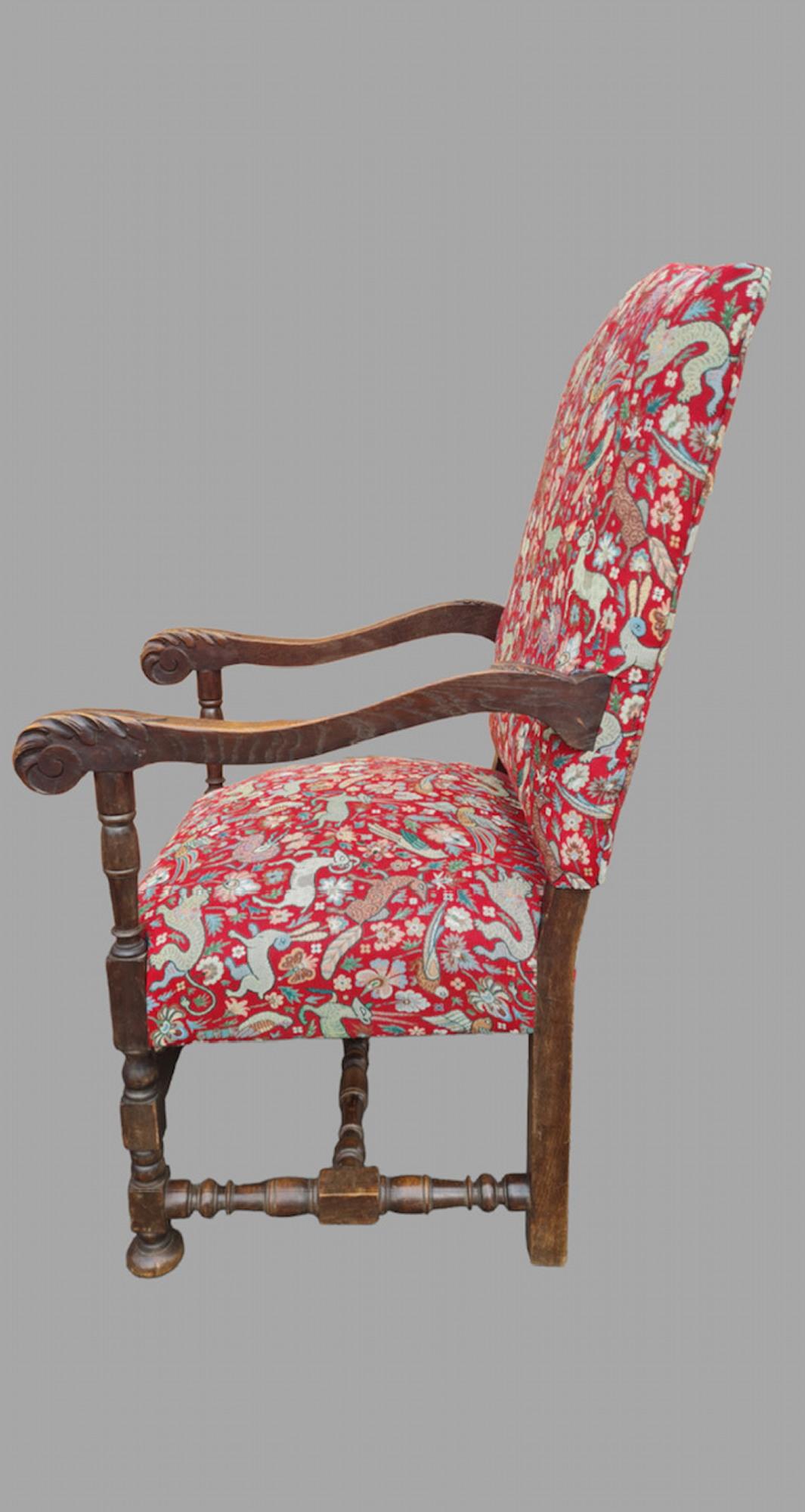 17th Century style arm chair made in the mid 1800’s. Fully restored, sprung, stuffed and covered in this fabulous woodland animal fabric.
Leaf detail arms and carved front panel.
