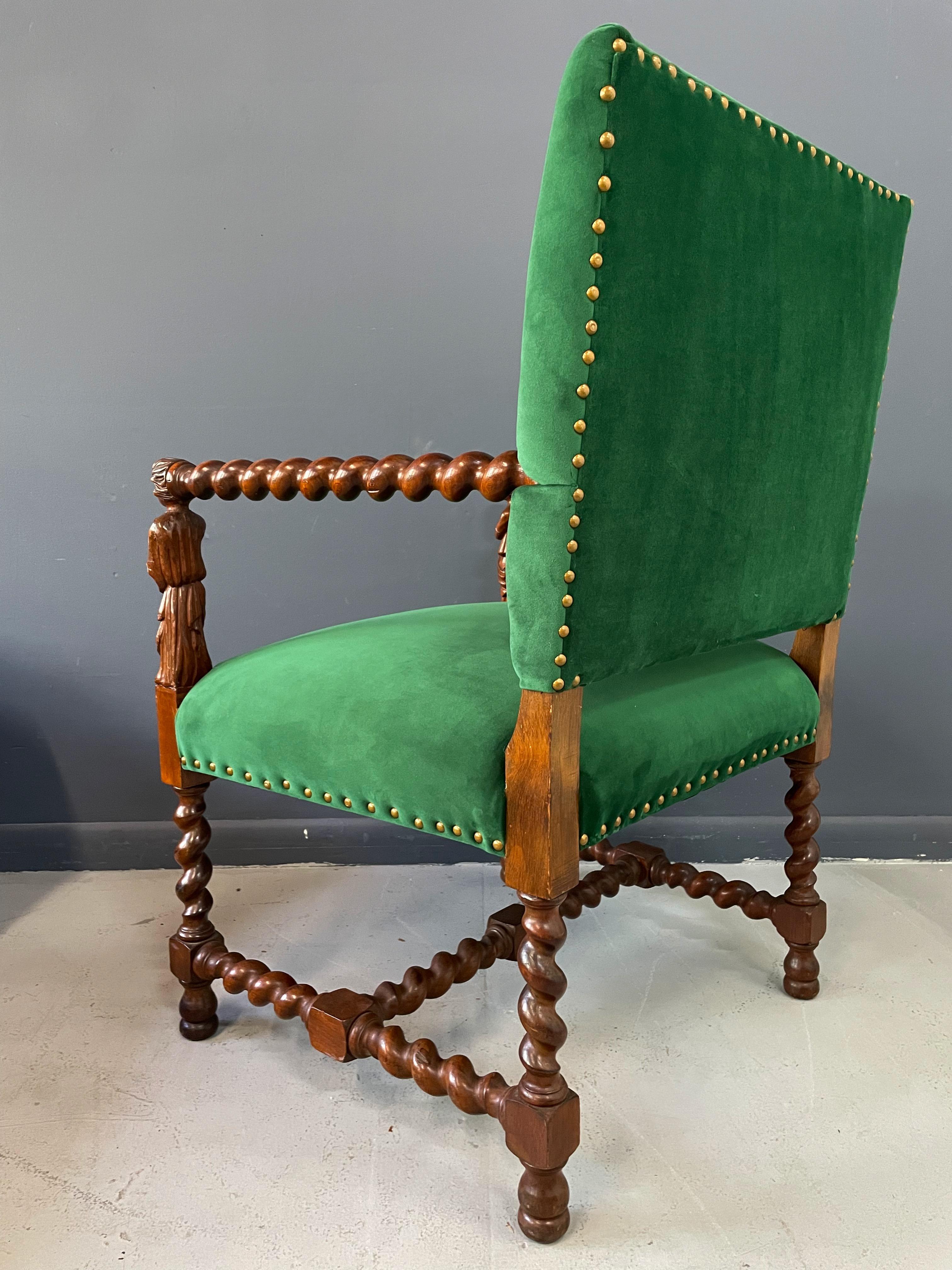Jacobean Barley Twist Oak Armchair with Figural Arms Upholstered in Green Velvet 4
