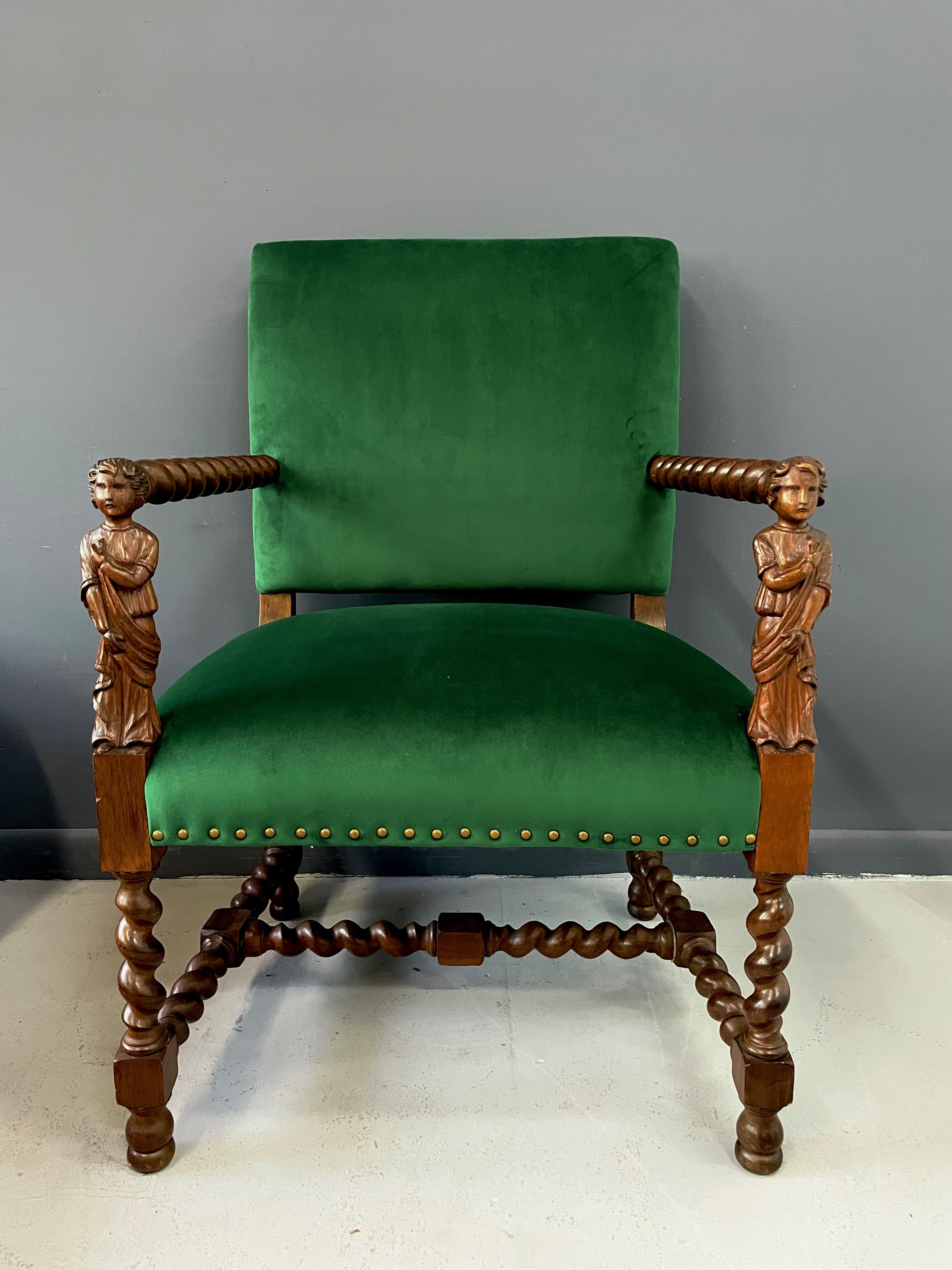 Jacobean Barley Twist Oak Armchair with Figural Arms Upholstered in Green Velvet 5
