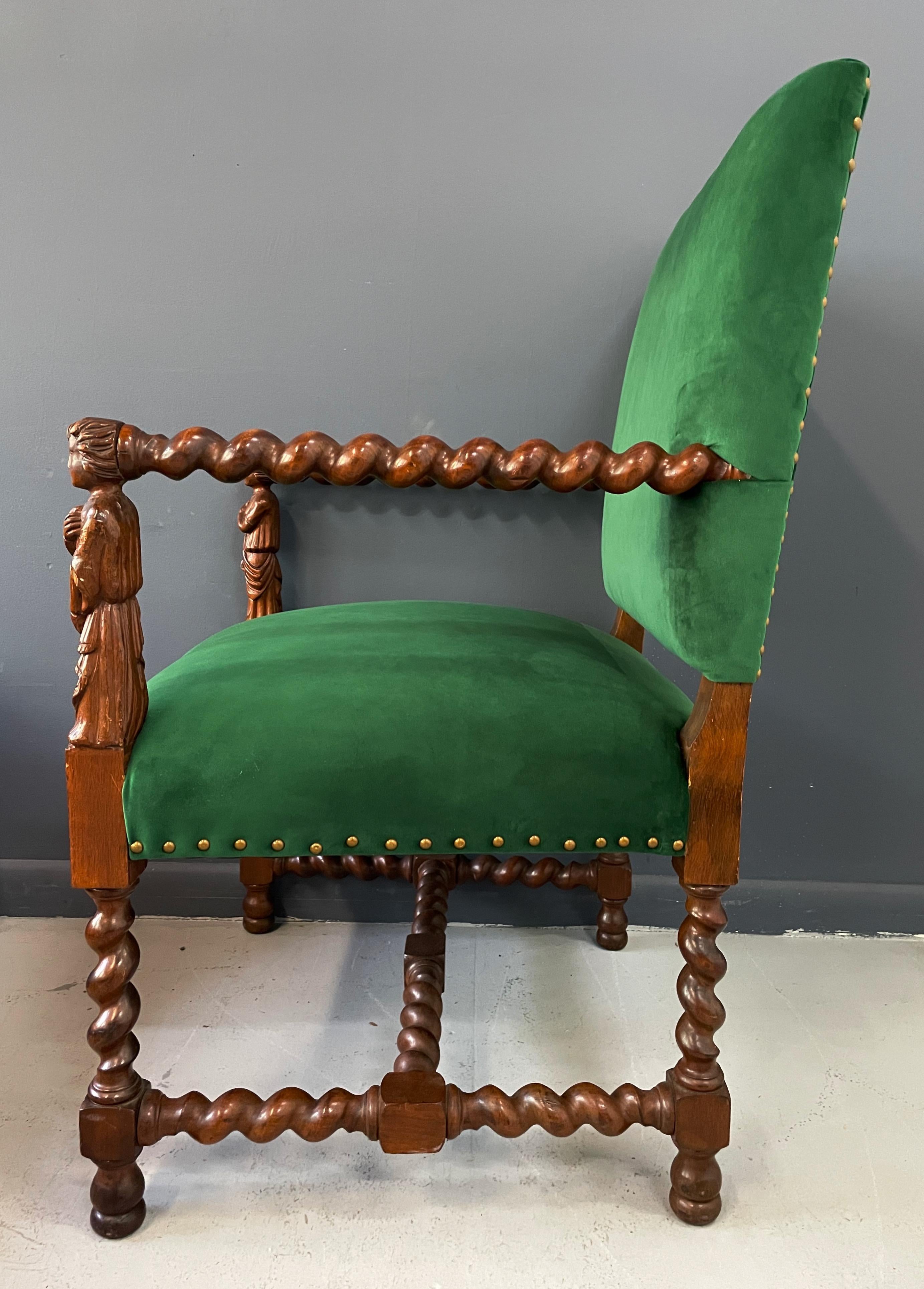 European Jacobean Barley Twist Oak Armchair with Figural Arms Upholstered in Green Velvet