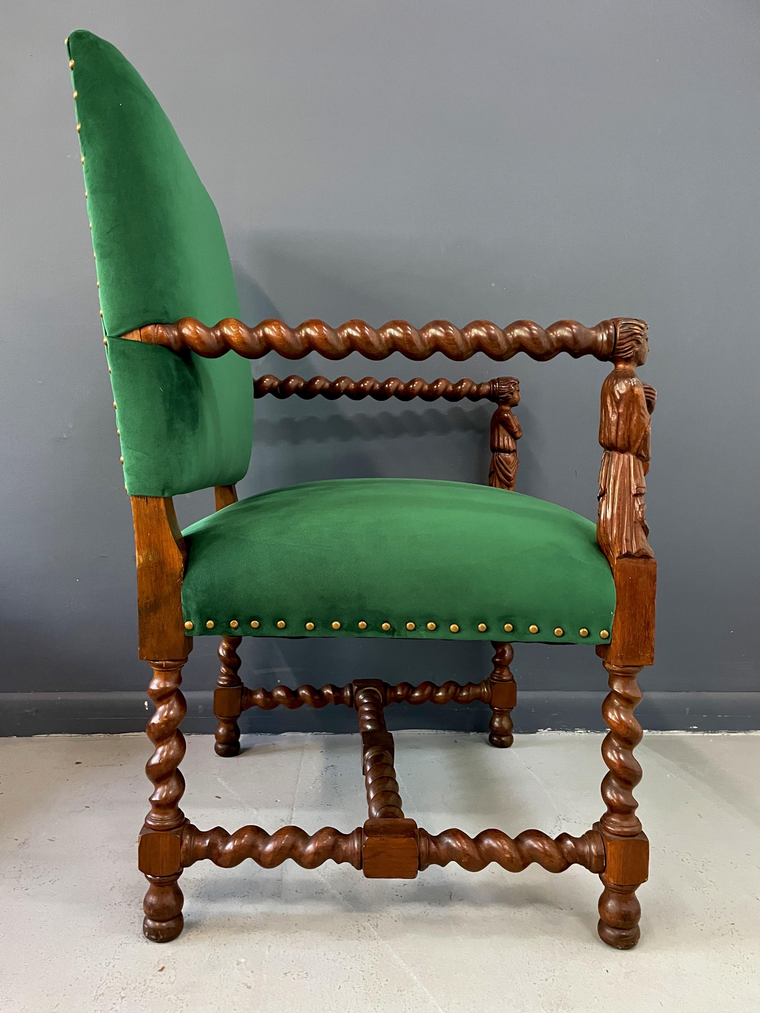 19th Century Jacobean Barley Twist Oak Armchair with Figural Arms Upholstered in Green Velvet
