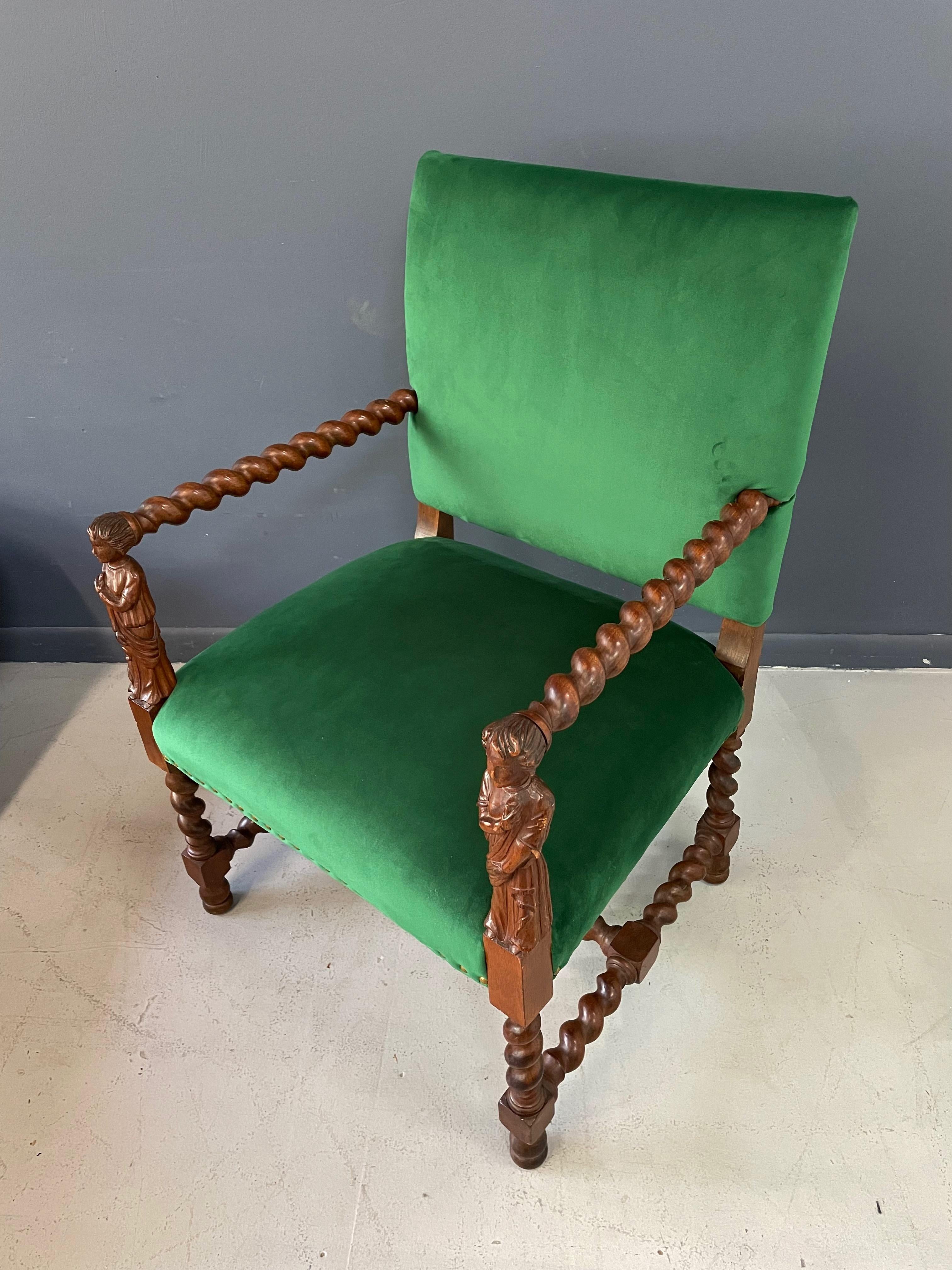 Jacobean Barley Twist Oak Armchair with Figural Arms Upholstered in Green Velvet 1