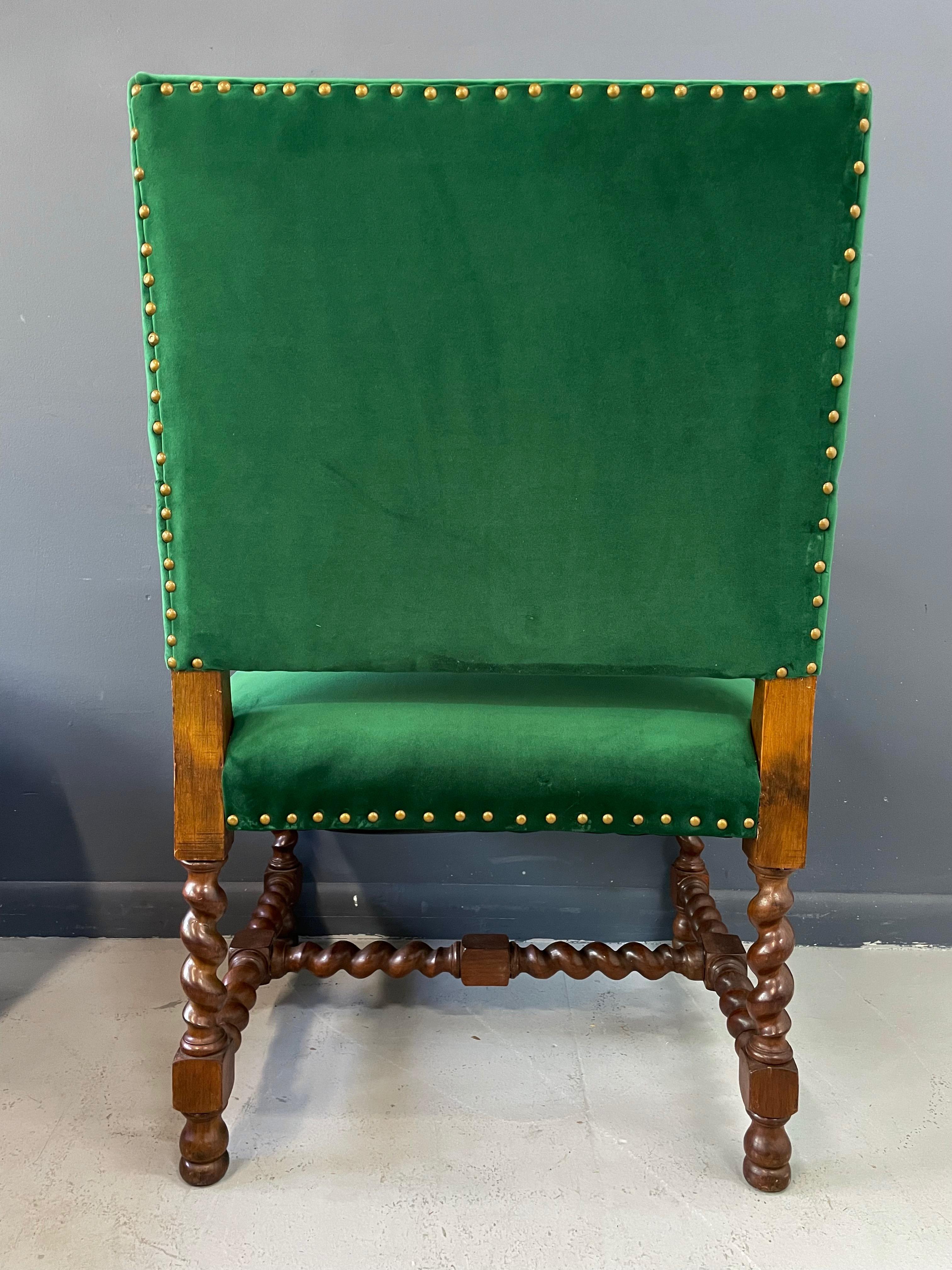 Jacobean Barley Twist Oak Armchair with Figural Arms Upholstered in Green Velvet 2