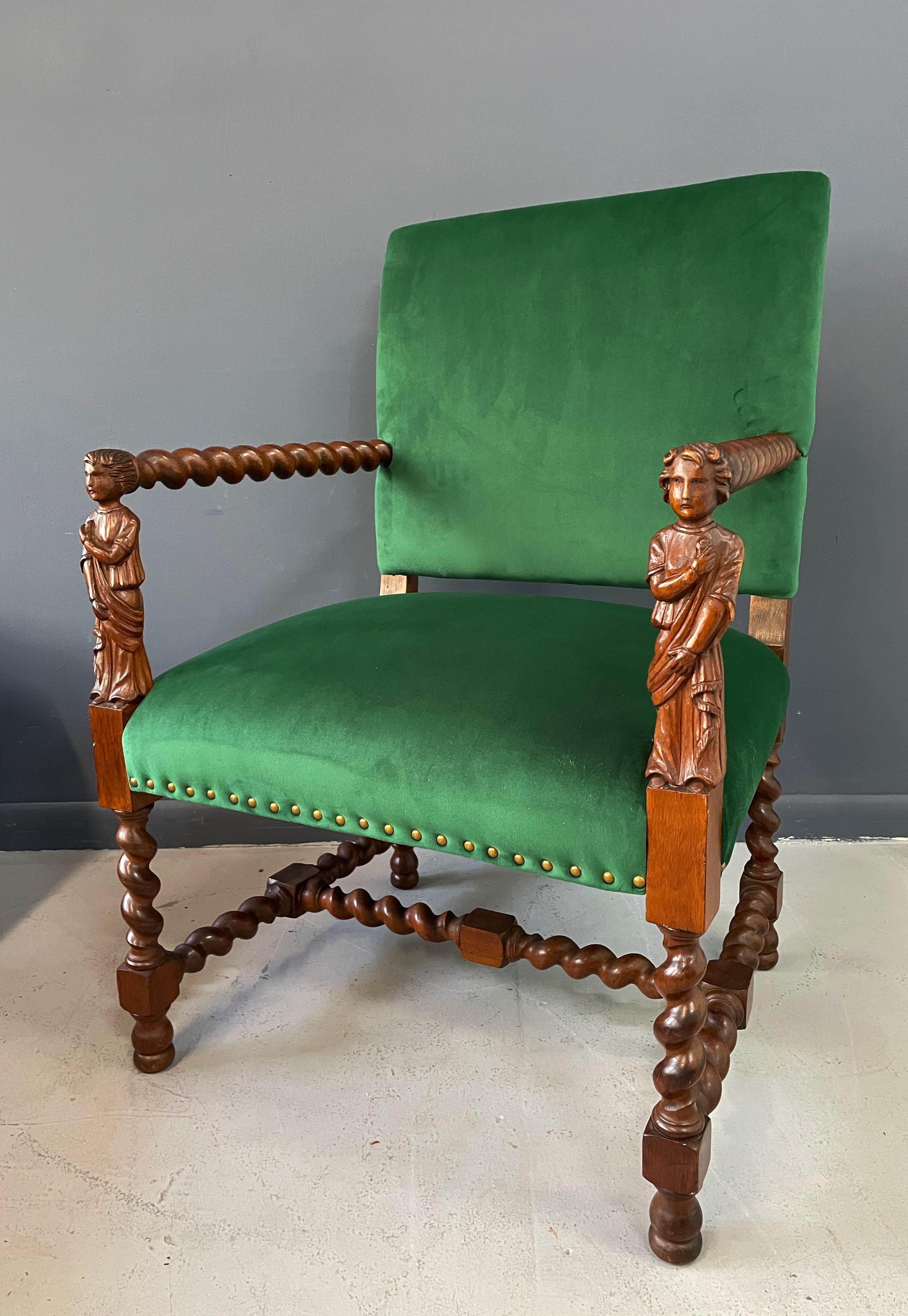 Jacobean Barley Twist Oak Armchair with Figural Arms Upholstered in Green Velvet 3